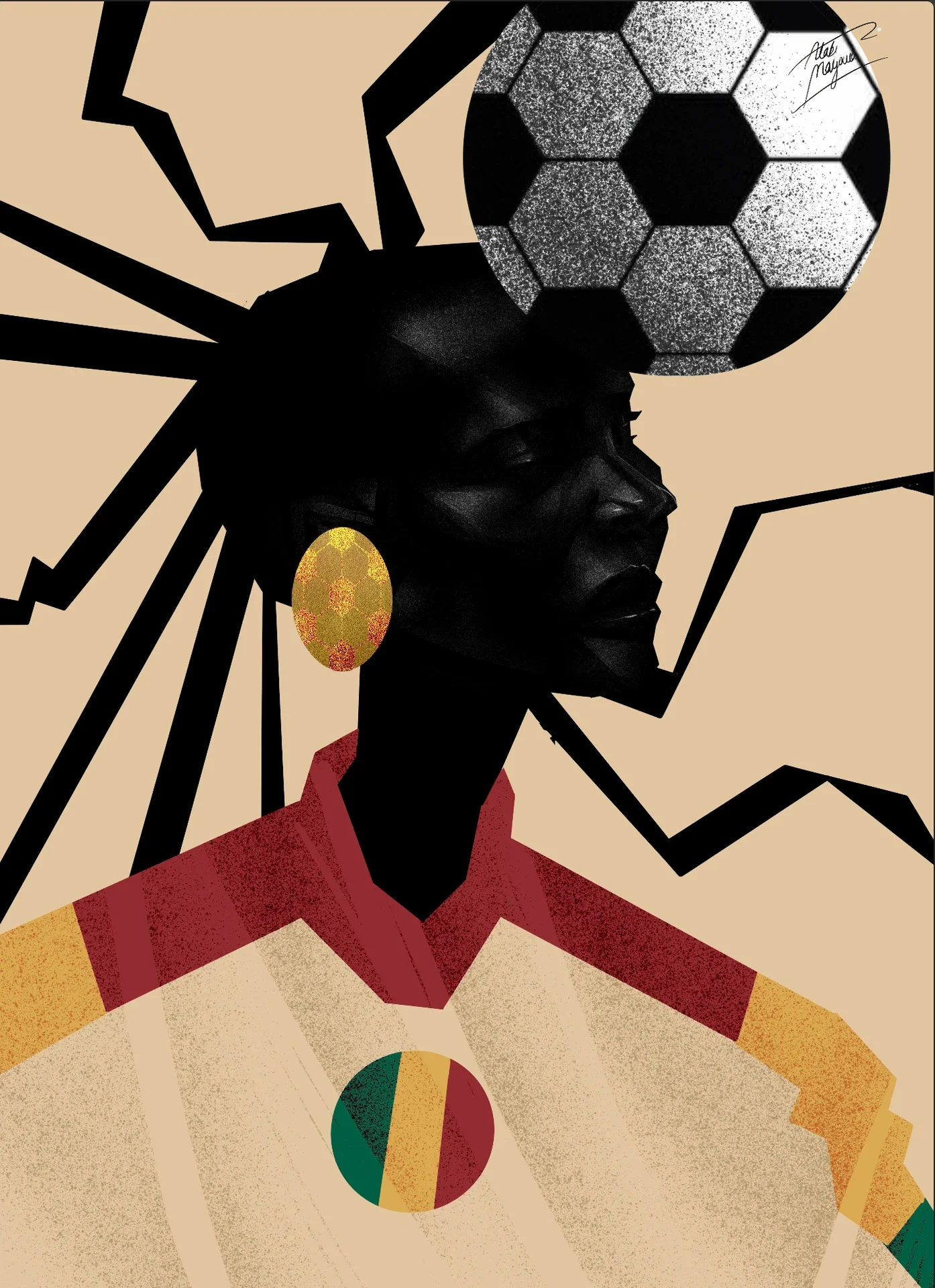 Close-up of a Black woman in profile with spiky black braids, a football balanced on her head, gold earring and cream shirt with a green, gold and red badge, on beige