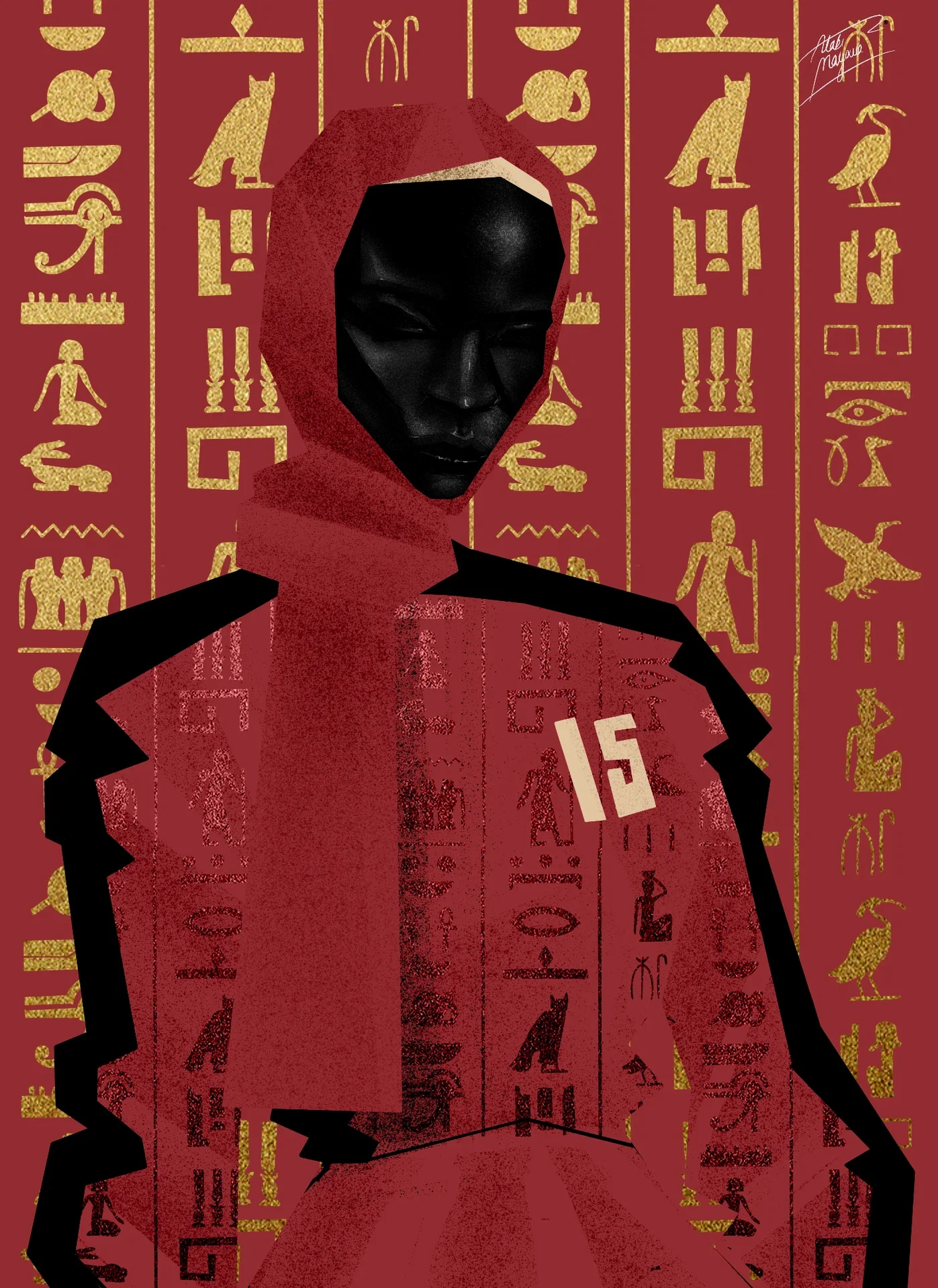 Illustration of a Black woman in a red headscarf and red number 15 top, standing before a wall of gold Egyptian hieroglyphs on red