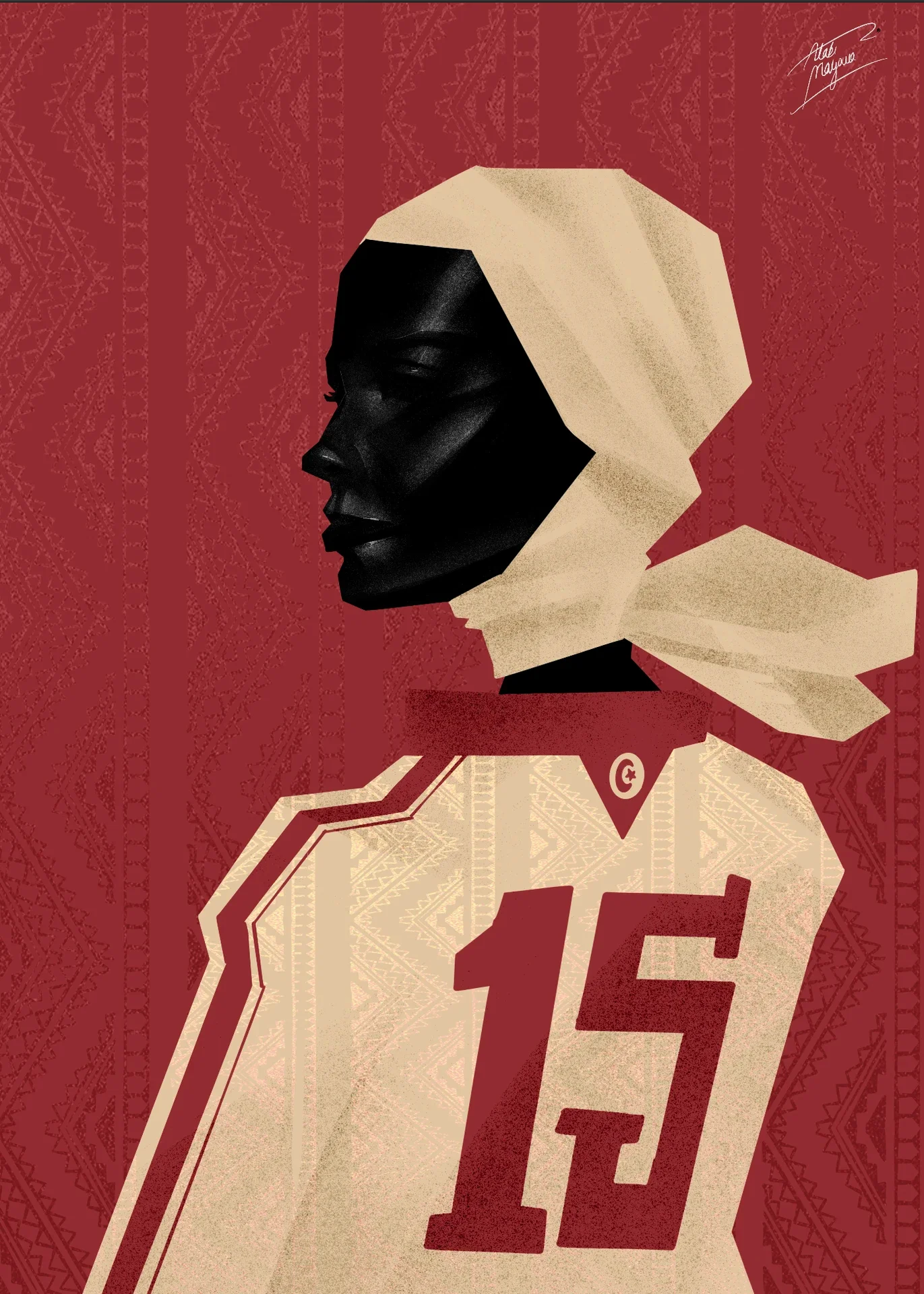 Illustration of a Black woman in profile wearing a cream headscarf tied at the back and a cream number 15 shirt, against a red background with woven patterns