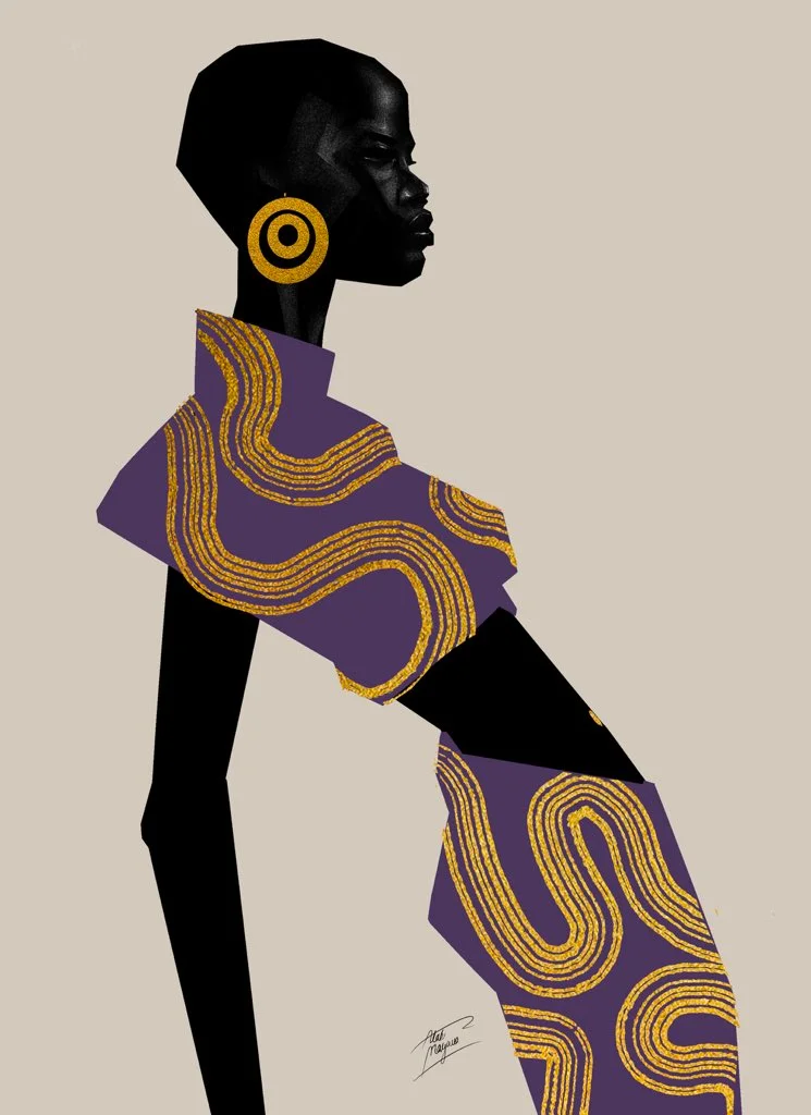 Illustration of a Black woman in profile, leaning back, in a purple two-piece with wavy gold patterns and a large gold ring earring, on a beige background