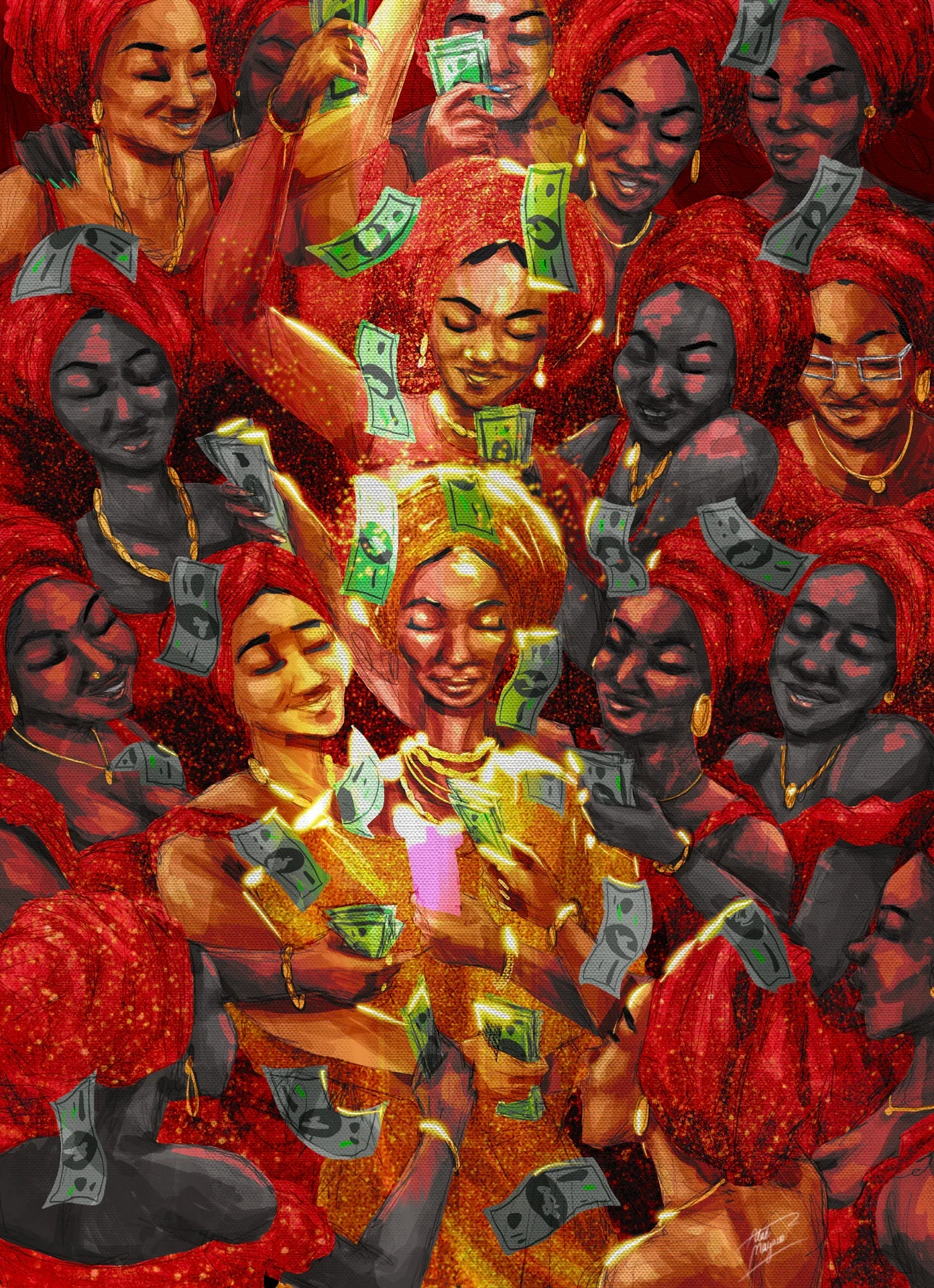 Illustration of smiling women in red gele dancing around a woman in gold as banknotes rain down on them, her face lit by a glowing phone
