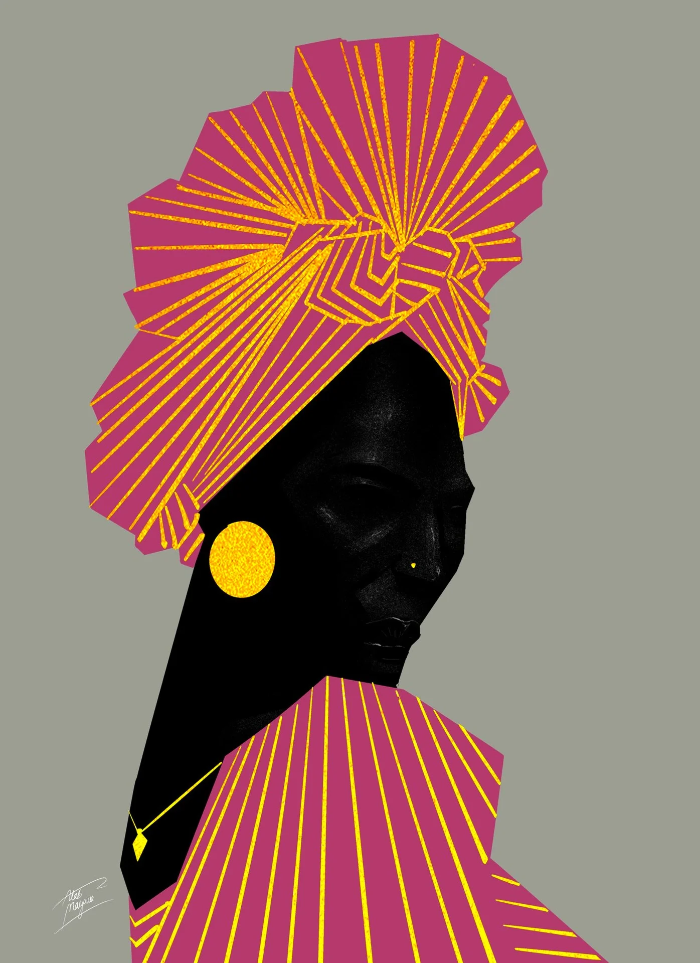 Illustration of a Black woman in a tall pink and gold pleated head wrap and matching top, with a round gold earring, on a grey background