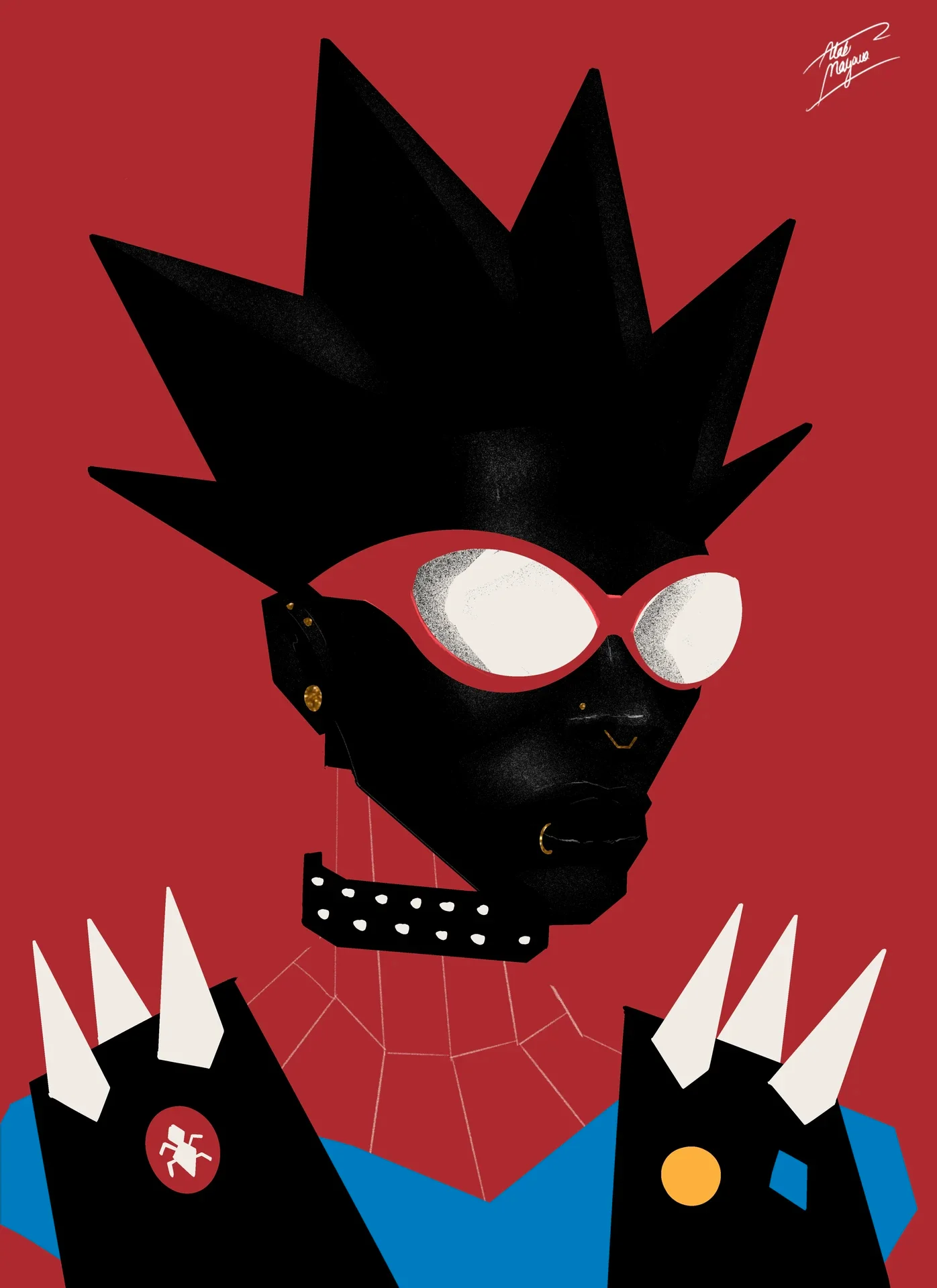 Illustration of a punk with a spiked black mohawk, red-rimmed white goggles, studded choker and spiked gloves over a spider-web top, on red