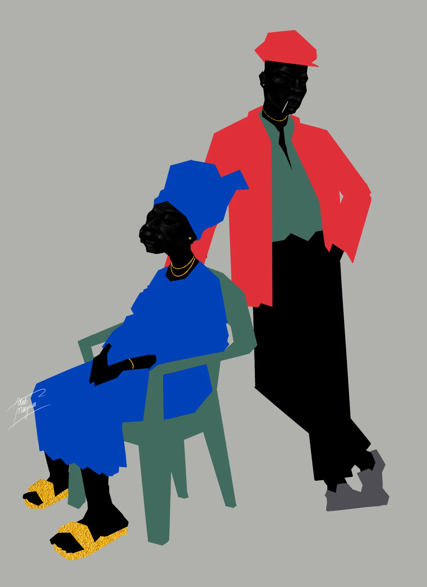 Illustration of an older woman in a blue head wrap and dress seated on a green plastic chair, a man in a red cap and jacket standing behind, on grey