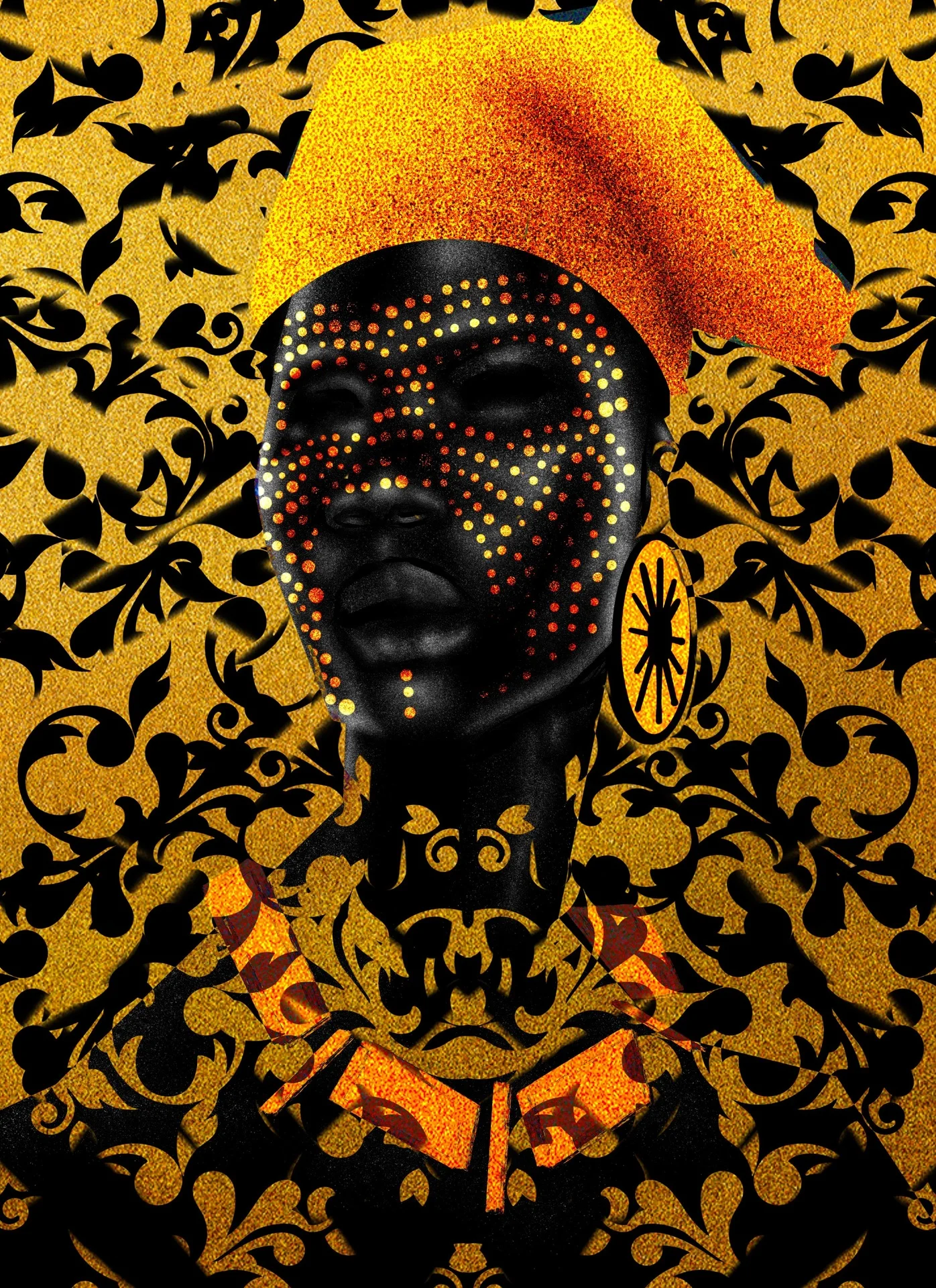 Portrait of a woman with dotted orange and gold face paint, a gold head wrap, a large round earring and an orange collar, set against black and gold damask