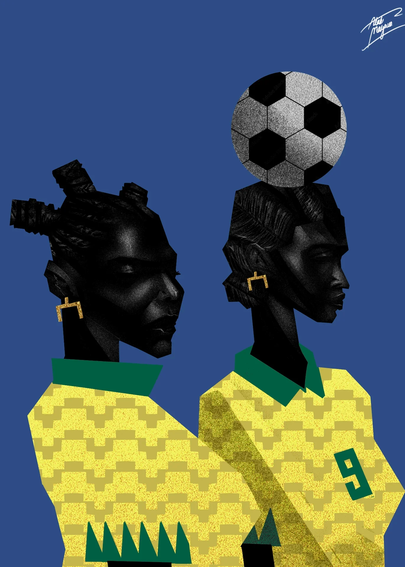 Illustration of two Black women in profile wearing yellow patterned football shirts with green collars, one balancing a ball on her head, on a deep blue background