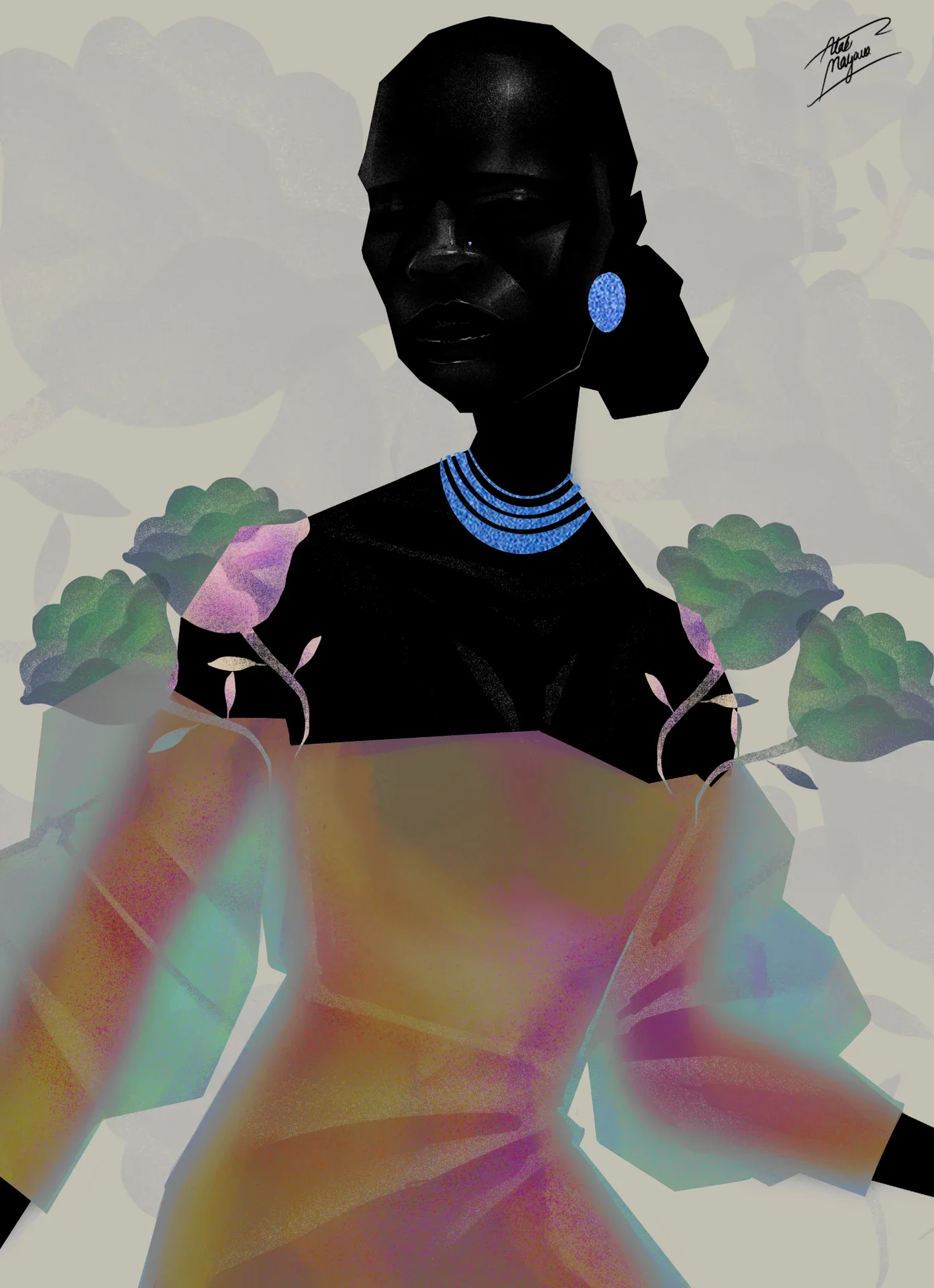 Illustration of a woman with a blue earring and beaded blue choker, wearing a translucent rainbow-hued off-shoulder dress with green roses, on soft grey