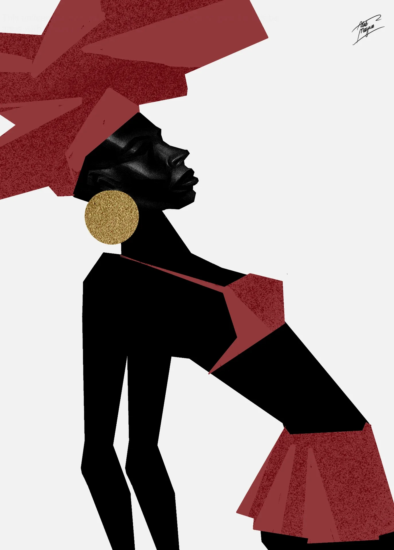 Illustration of a woman arching backwards in a black outfit with red ruffles, a large red gele and a round gold earring, on a white background