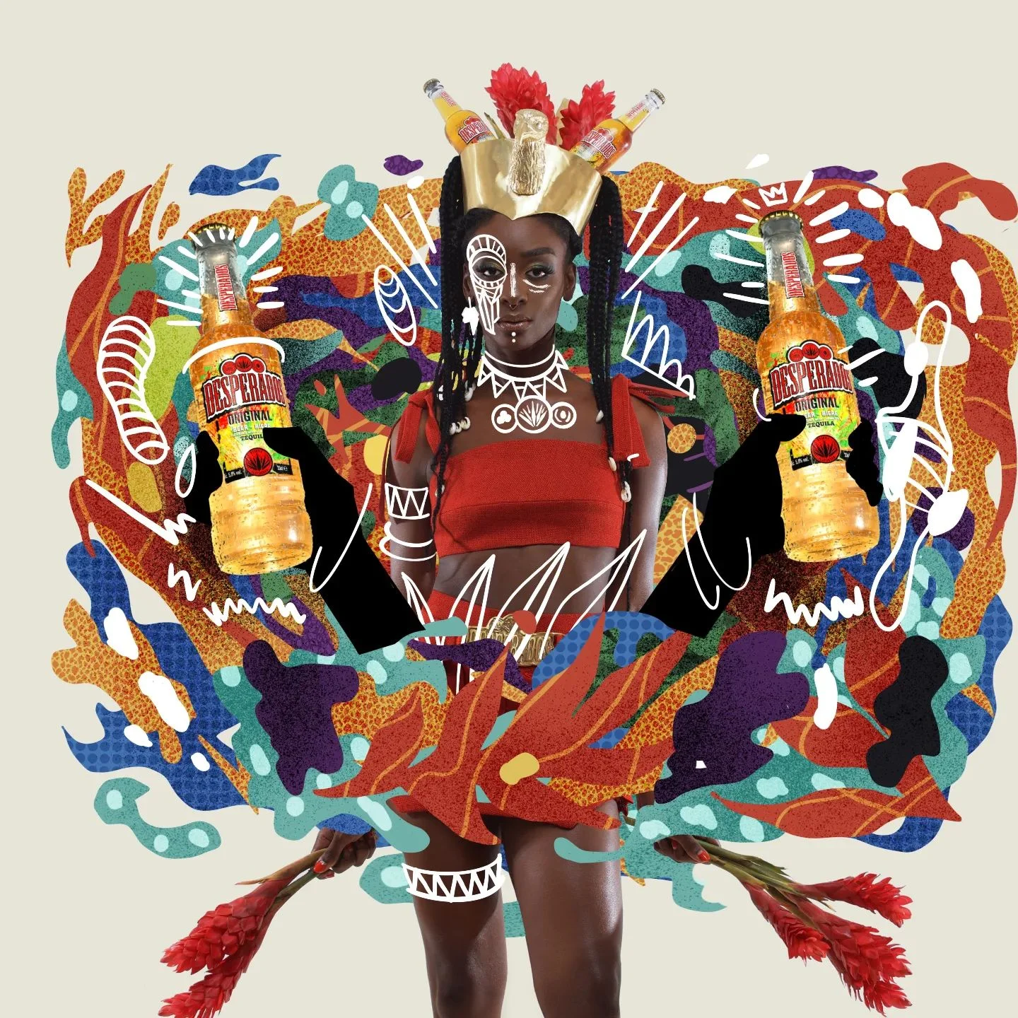 Desperados collage: a woman in a red outfit, gold headdress and white body paint holds two Desperados beer bottles amid colourful abstract shapes