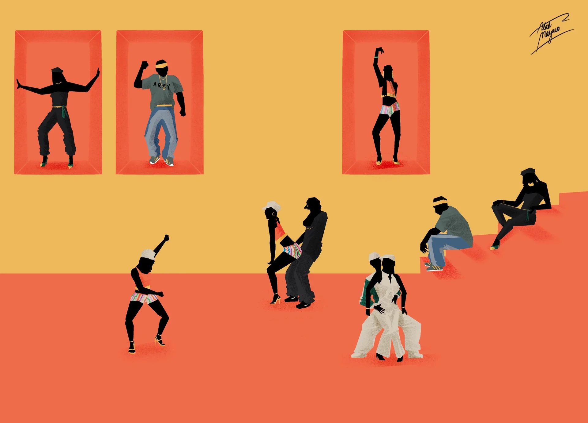 Illustration of dancers in silhouette on a mustard and coral set, three posing in red wall alcoves, others dancing in pairs and sitting on steps in 90s streetwear