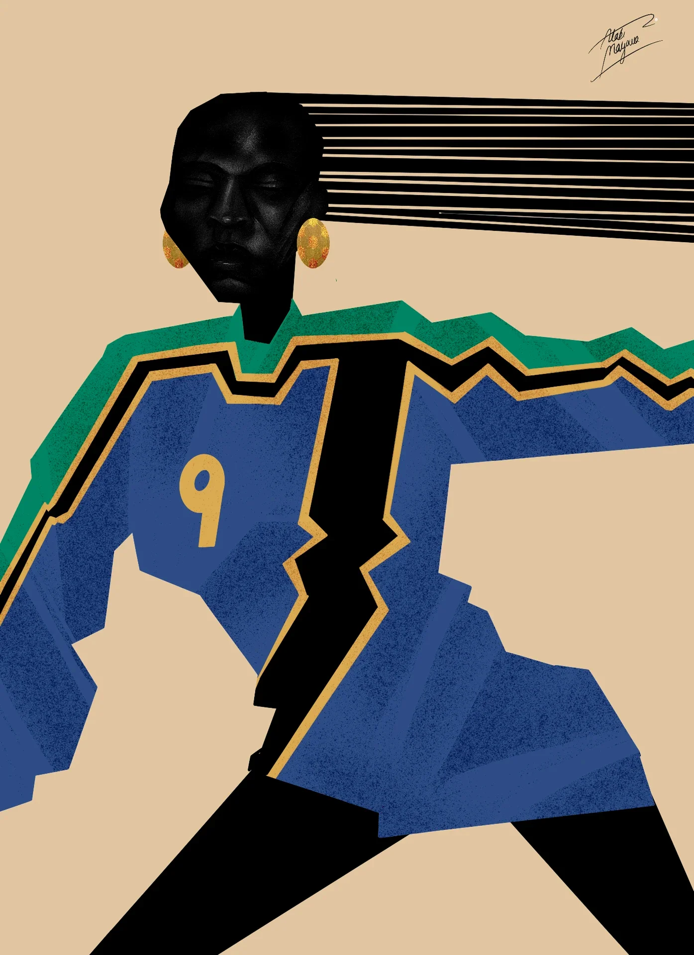 Illustration of a Black woman striding, long straight hair flying behind her, in a blue number 9 kit with green, gold and black trim, on beige
