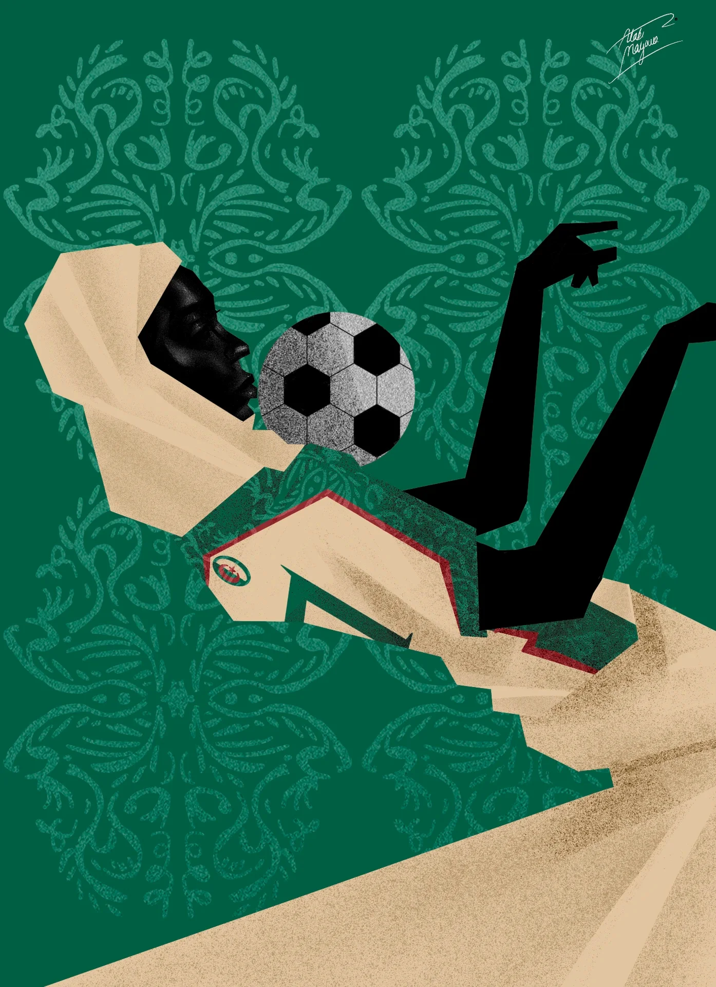 Illustration of a Black woman in a cream headscarf and kit performing an overhead kick, a football at her chin, on a green background with swirling motifs