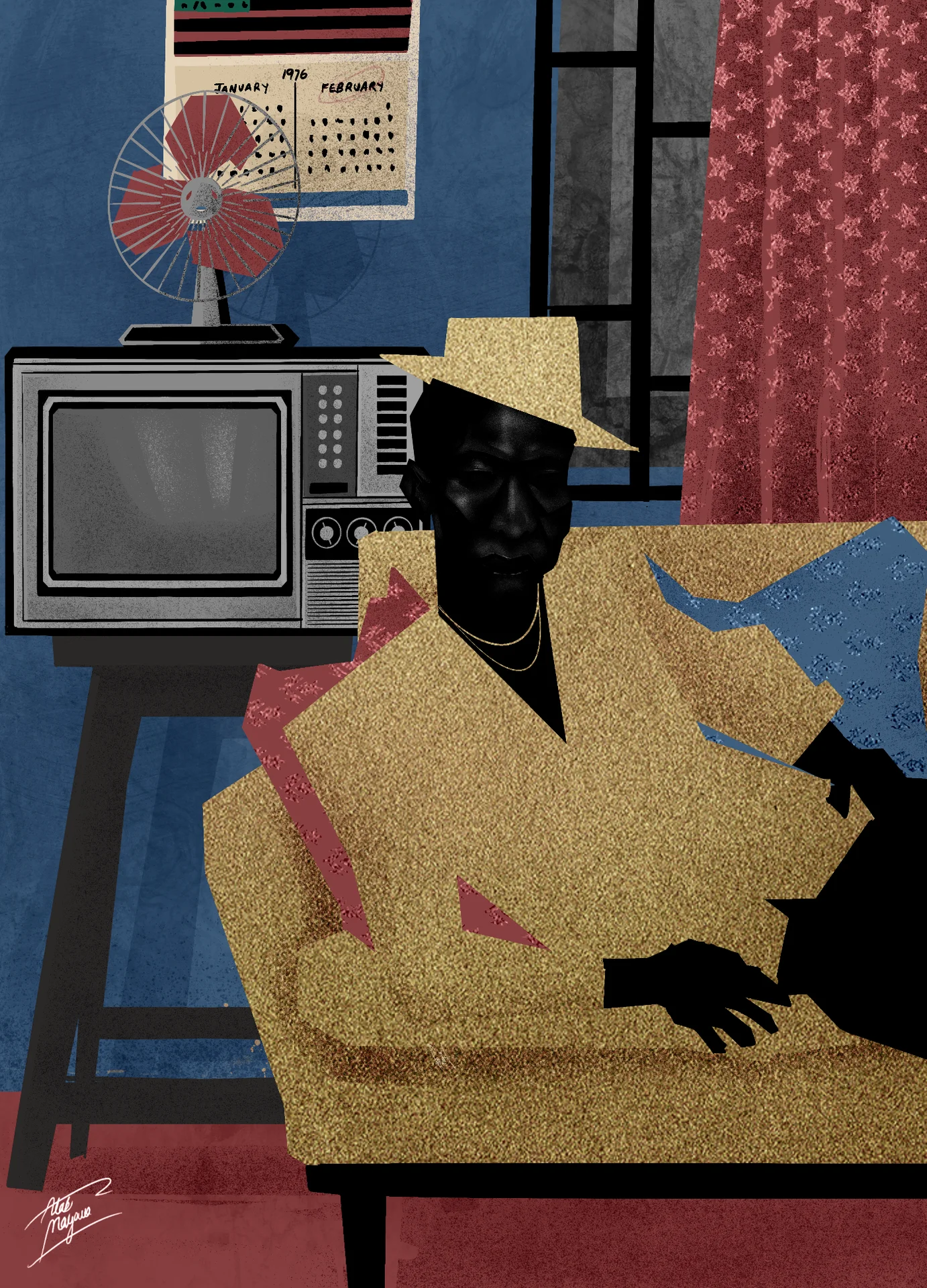 Illustration of a man in a gold hat and suit lounging on a gold sofa beside a TV, desk fan and a January–February 1976 calendar