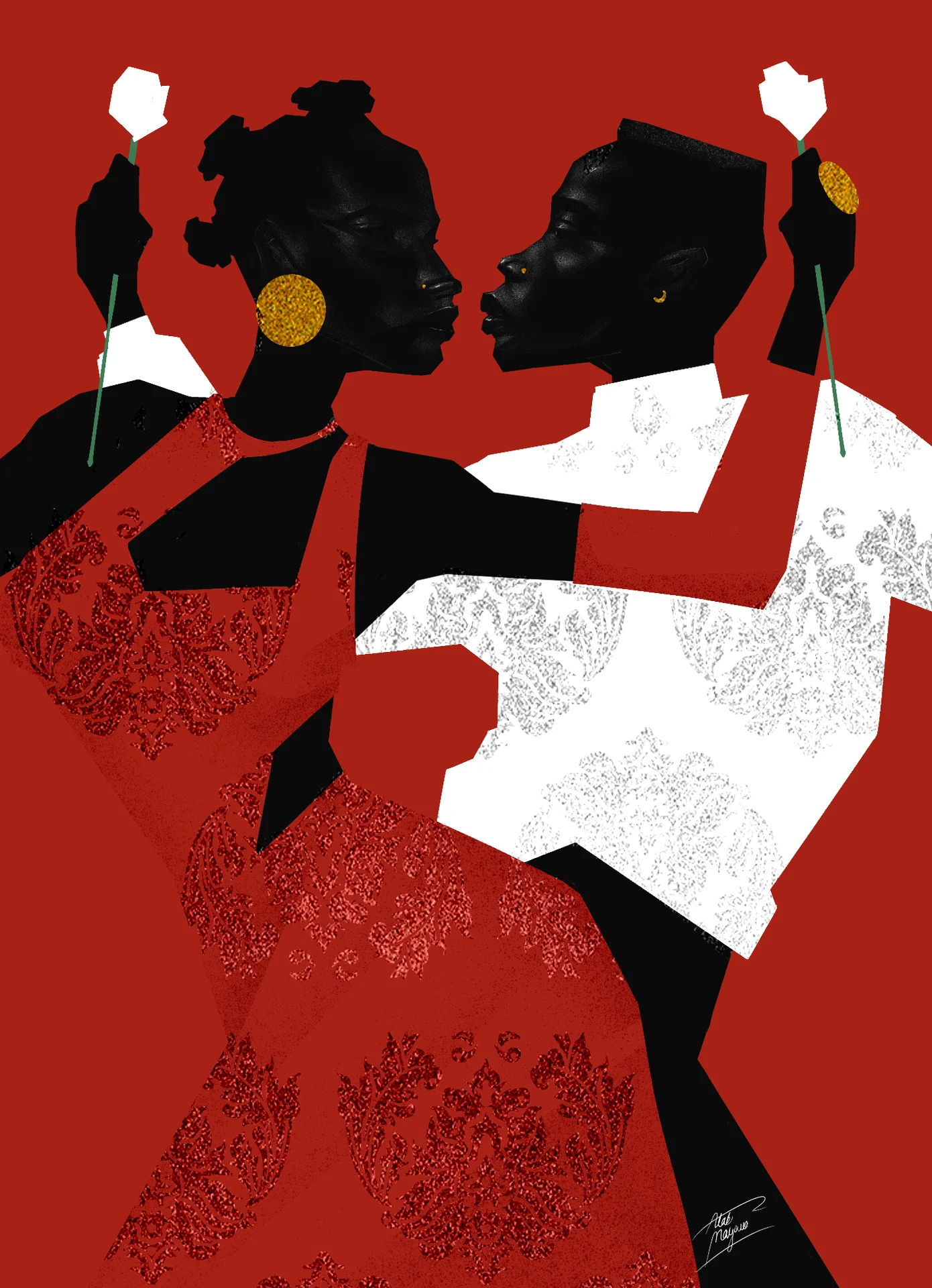 Illustration of a couple face to face about to kiss, each holding up a white rose, she in a red lace dress and he in a white lace shirt, on red