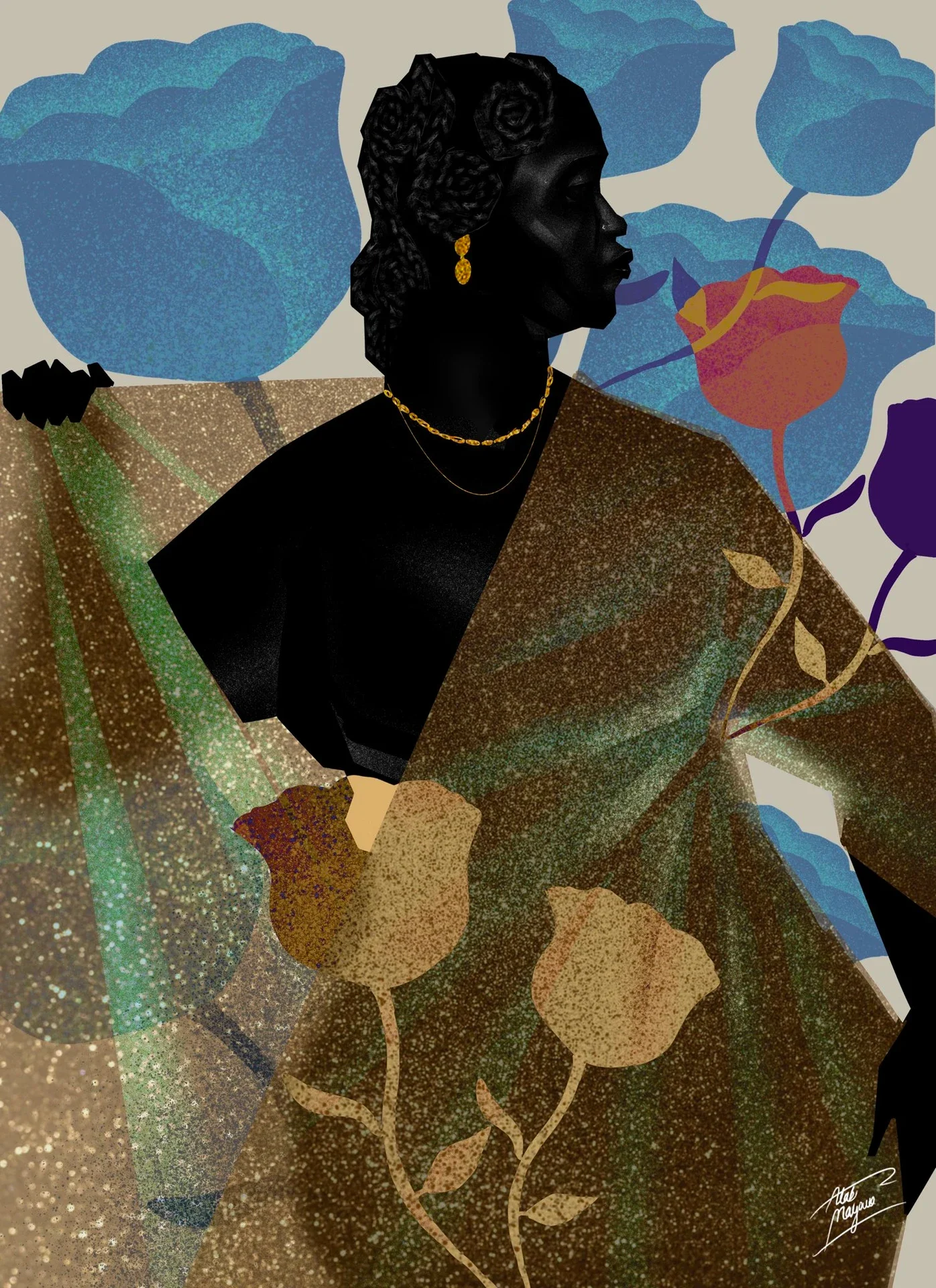Illustration of a woman in profile with braided hair and gold jewellery, draped in a glittering bronze-green wrap printed with roses, among blue flowers