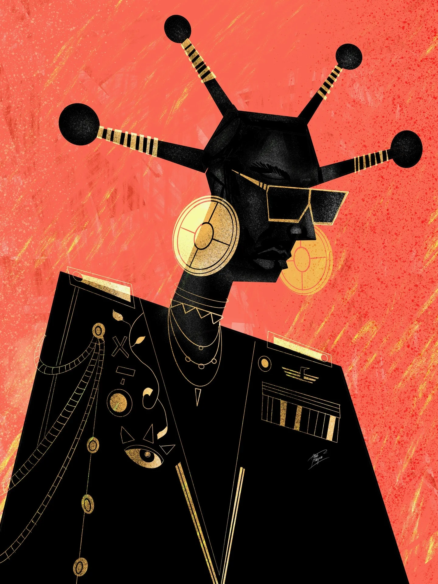 Illustration of a figure with a spiked headdress, square sunglasses and disc earrings wearing a black military-style jacket with gold details, on coral