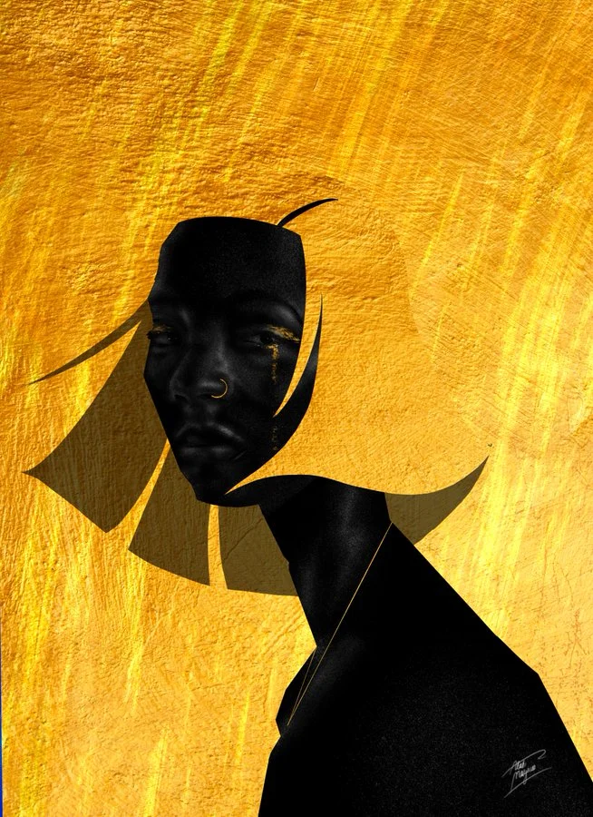 Illustration of a dark-skinned woman with a nose ring and gold-flecked eyes, her angular black bob flaring out against a textured golden-yellow background
