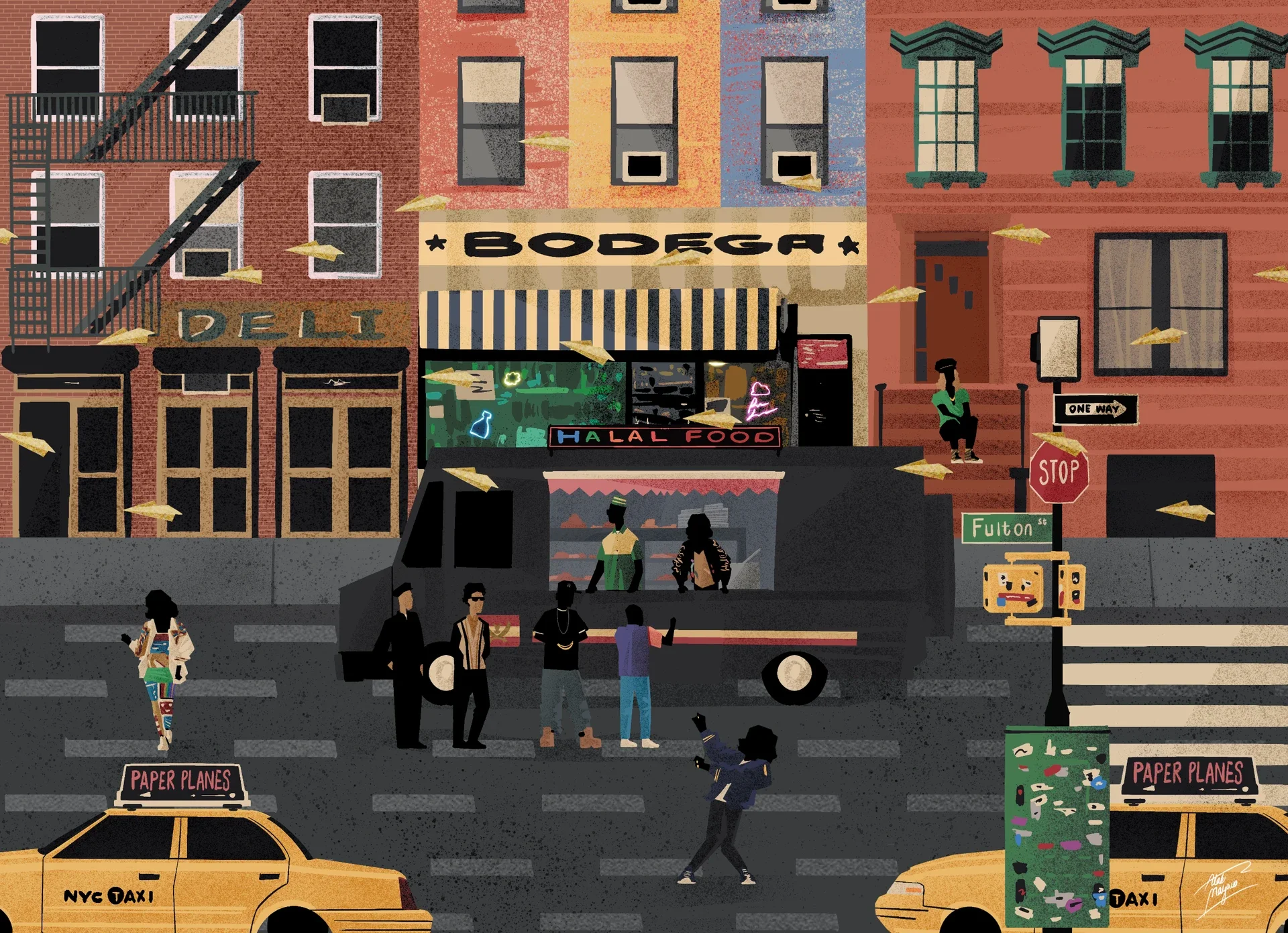 Illustration of a New York street corner with a 'Bodega', a 'Deli' and a 'Halal Food' truck, paper planes flying overhead and yellow taxis with 'Paper Planes' roof signs