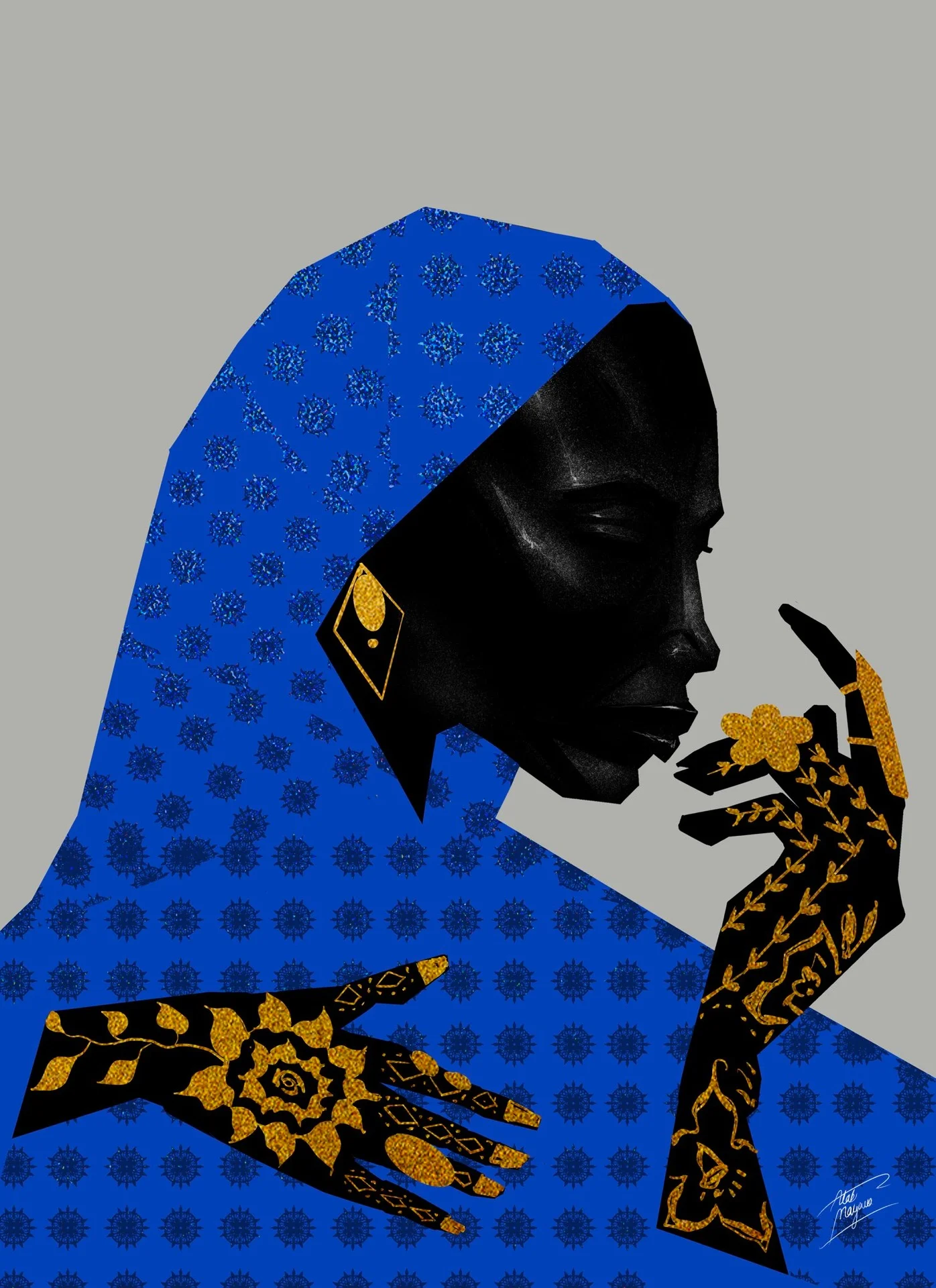 Illustration of a Black woman in a blue patterned headscarf, eyes closed, her hands decorated with gold henna as one touches her chin, on a grey background