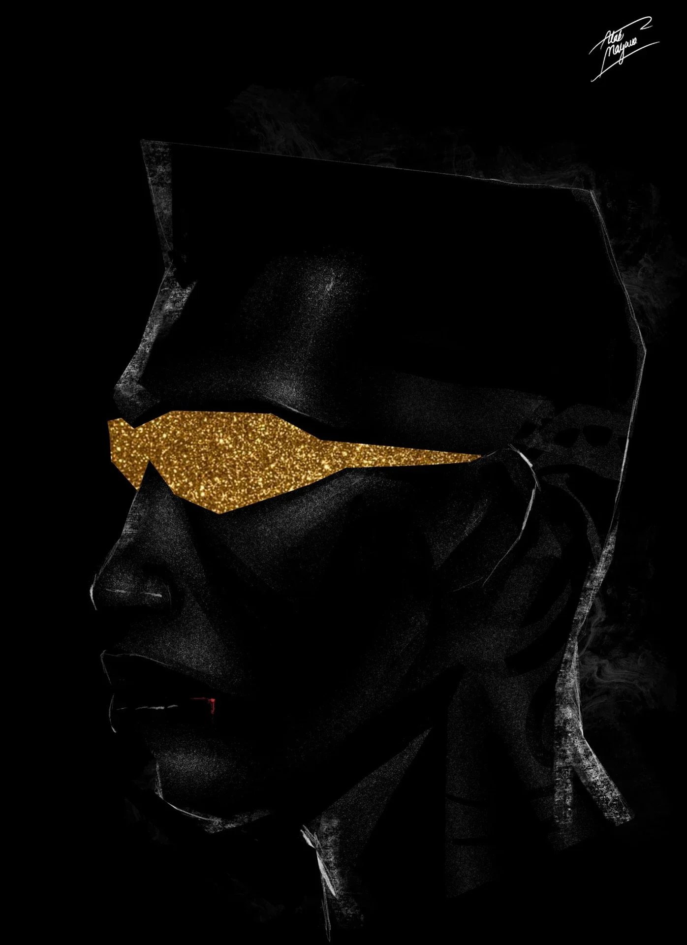 Illustration of a dark angular face in profile against a black background, wearing sparkling gold glitter shades, a drop of red at the lips