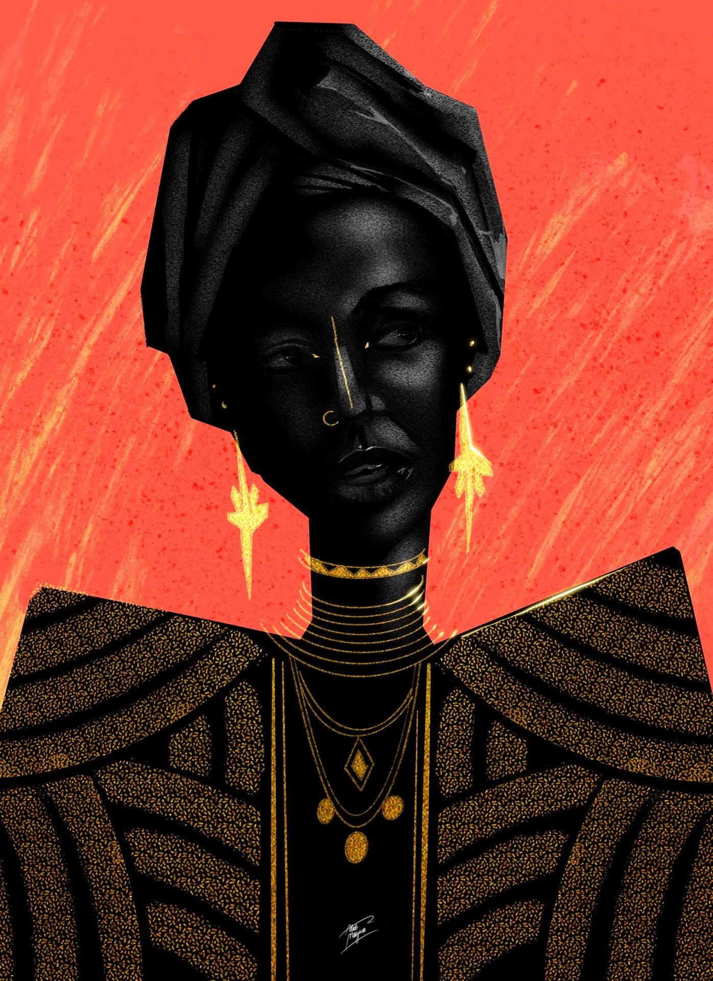 Illustration of a woman in a black head wrap with gold arrow earrings, layered gold necklaces and a gold-patterned top, against coral orange