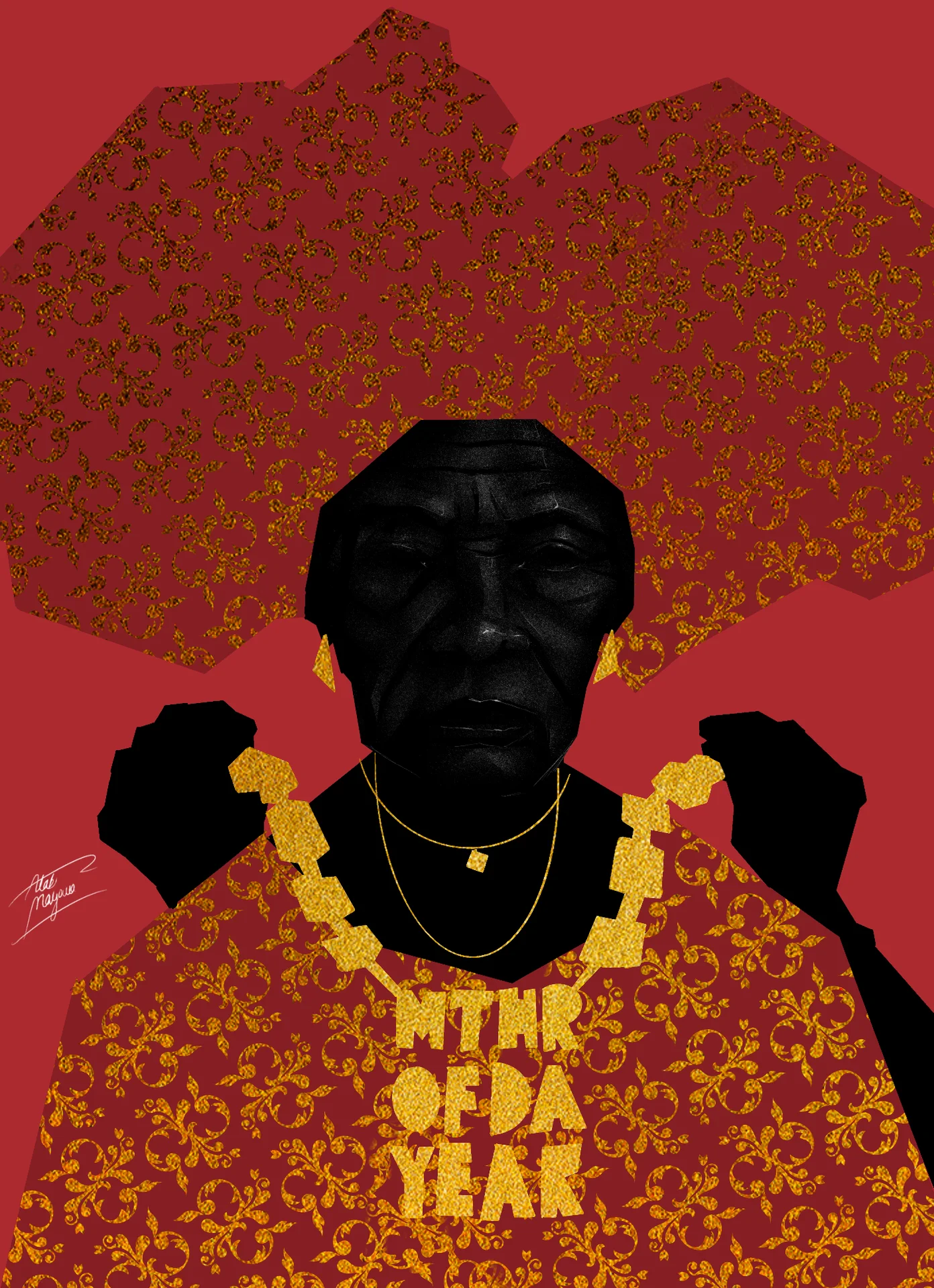 Illustration of an elderly woman in a red and gold patterned gele and dress, holding up a chunky gold chain that spells "Mthr of da year"