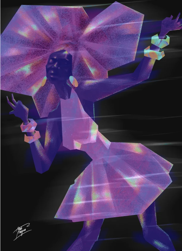 A digital artwork of a stylized dancer in a vibrant, futuristic outfit with exaggerated features and neon colors against a black background.