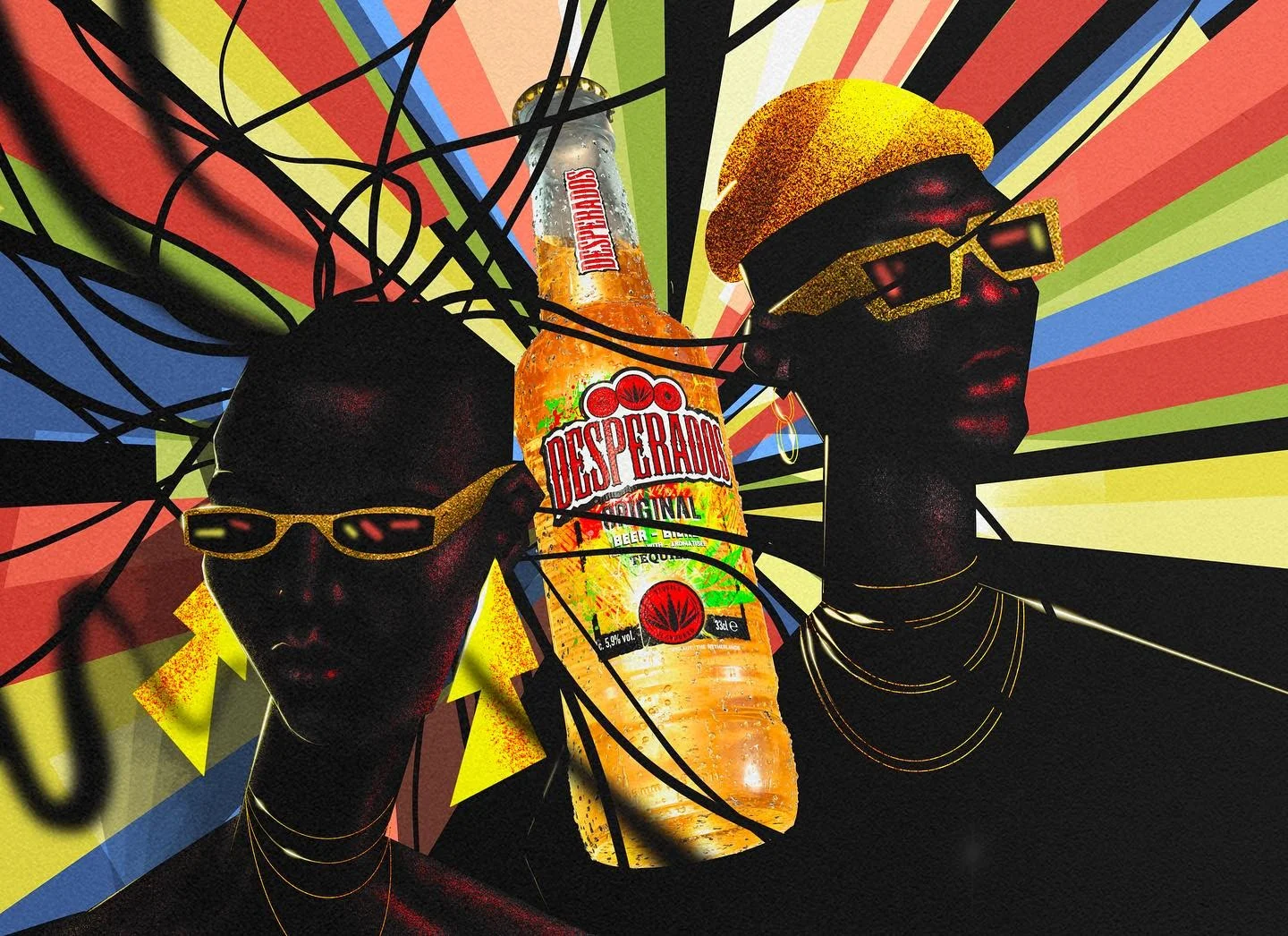 Desperados artwork: two people in gold glitter sunglasses flank a giant Desperados bottle against bright radiating stripes