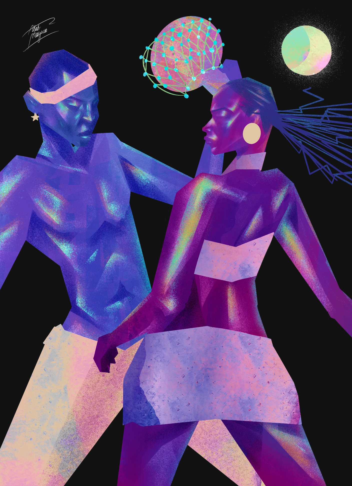 Digital artwork depicting two abstract figures in vibrant purples and blues, engaged in a dynamic dance. One figure holds a spherical object, while the other has a flowing hairstyle. The background is black, accentuating the colors and movement.