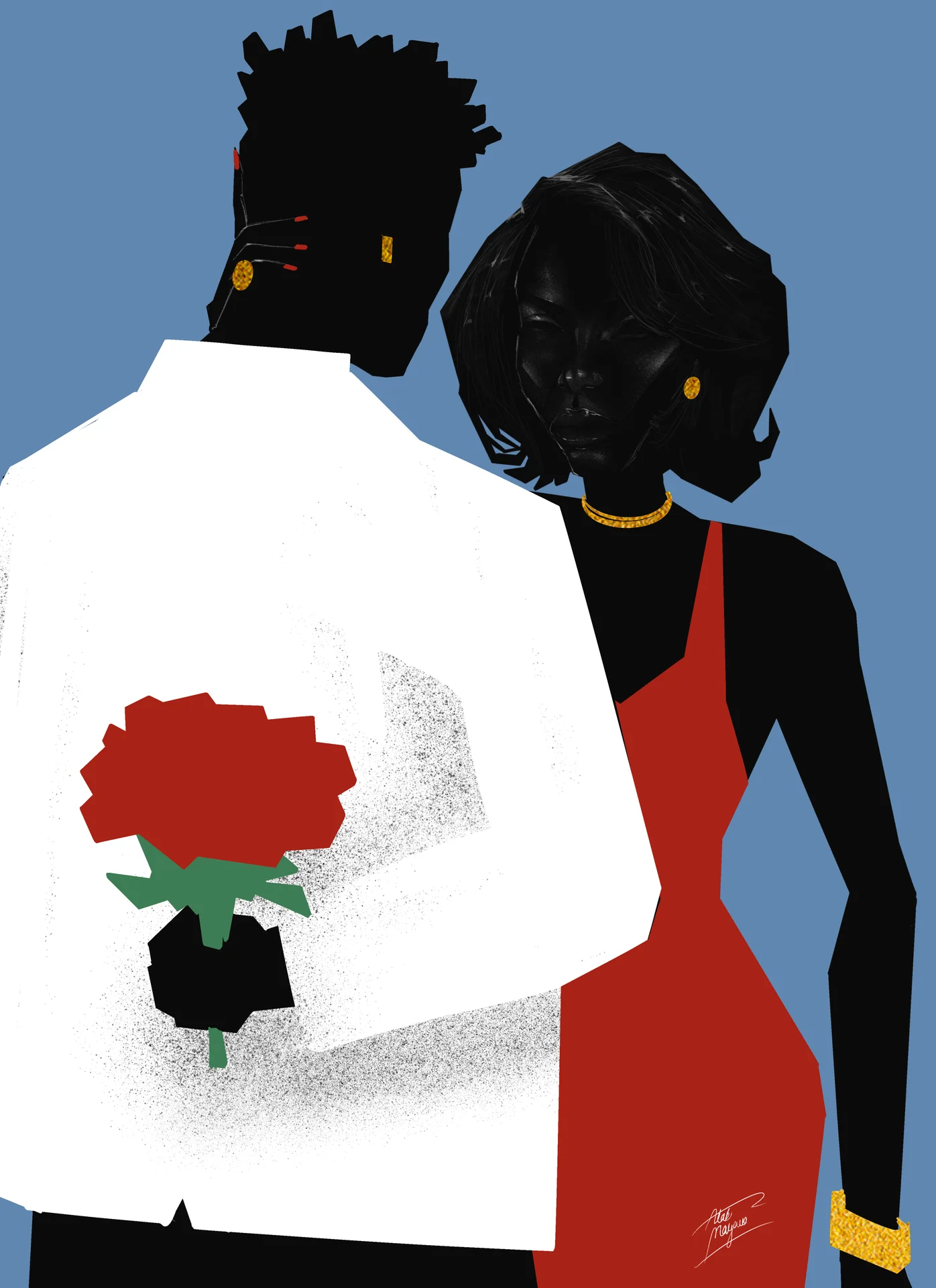 Illustration of a couple seen from behind: a man in a white jacket hides a red rose behind his back beside a woman in a red dress and gold choker, on pale blue