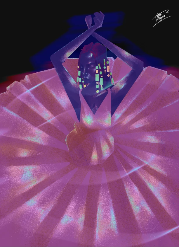 A digital artwork of a dancer in a colorful, voluminous dress with neon lights in the background, emphasizing movement and vibrancy.