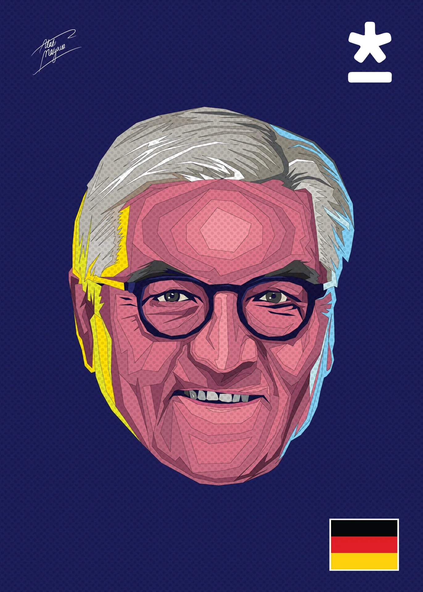 Portrait of Frank-Walter Steinmeier: smiling, grey-haired and in round glasses, in pink angular shapes on navy with a German flag