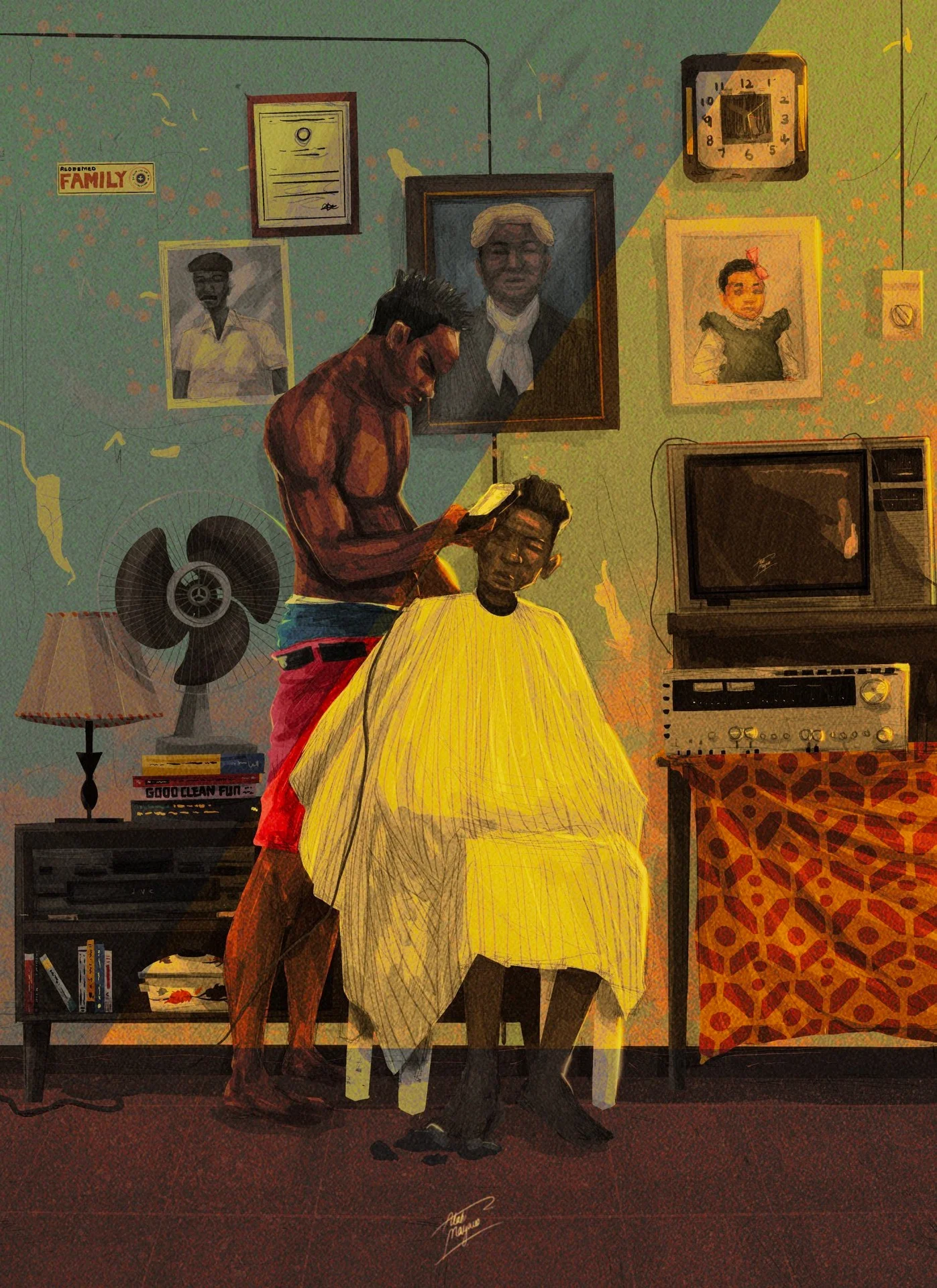 Illustration of a shirtless barber cutting a young man's hair under a yellow cape in a living room with a fan, old TV and framed family portraits
