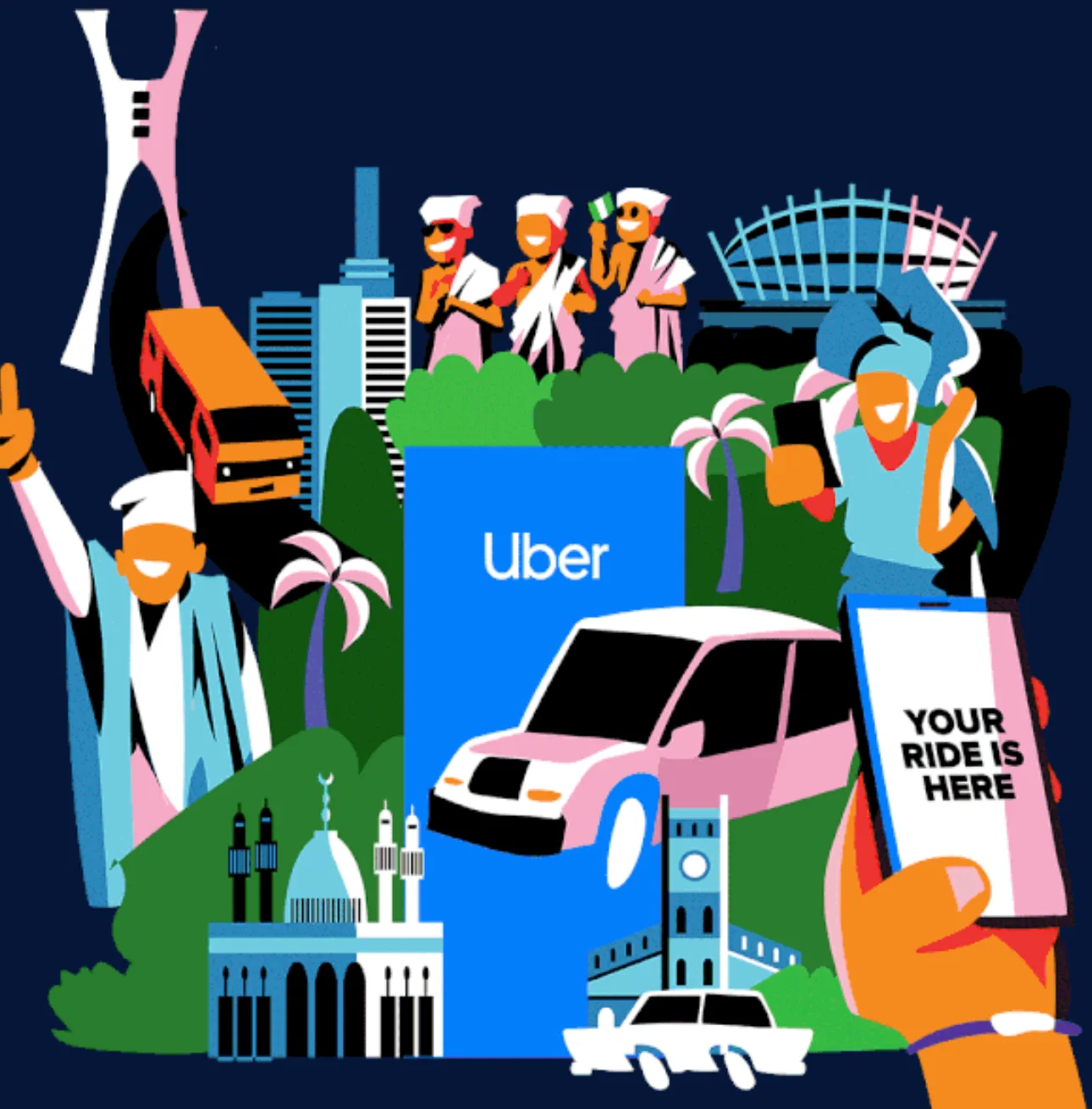 Uber mural artwork: Nigerian landmarks, a bus and smiling people around a blue Uber sign and pink car, with a hand holding a phone reading "Your ride is here"