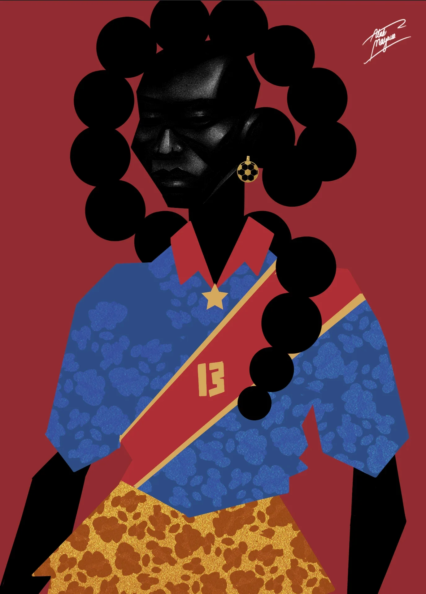 Illustration of a Black woman with looped bubble braids and a football earring, wearing a blue number 13 shirt with a red sash and gold star, on red