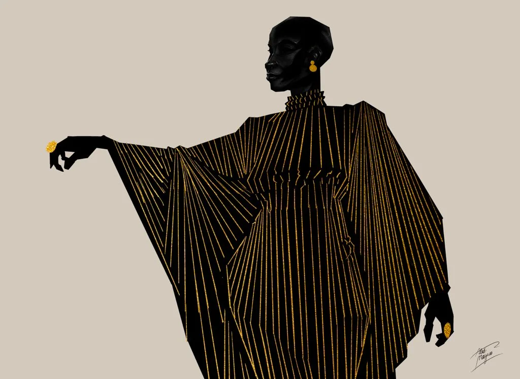Illustration of a Black woman with a shaved head in a flowing black kaftan with gold pleated lines, arm outstretched, on a beige background