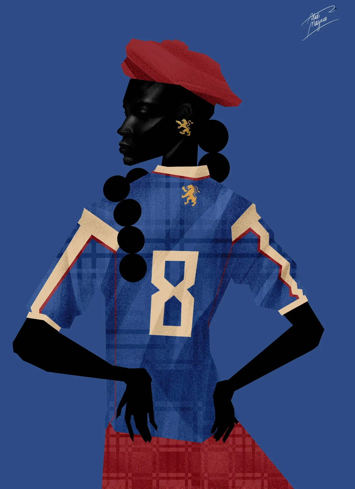 Illustration of a Black woman in a red beret and blue tartan number 8 shirt with a gold lion crest, hands on hips over a red tartan skirt, on blue