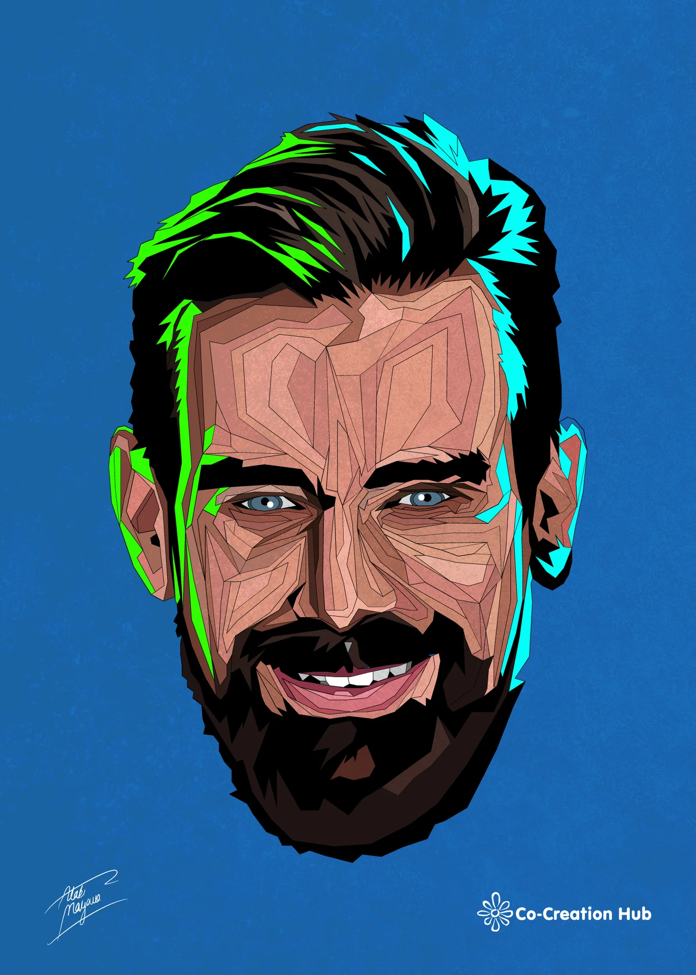 Portrait of Jack Dorsey: a smiling bearded face in angular shapes with green and cyan highlights on blue, with a Co-Creation Hub logo