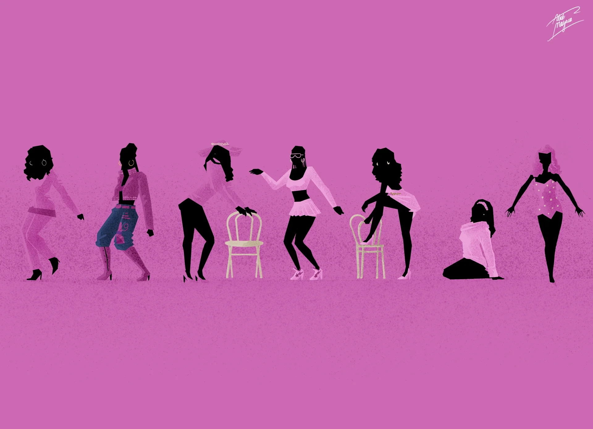 Illustration of seven women in silhouette posing and dancing beside two bentwood chairs, dressed in pale pink outfits against a vivid magenta background