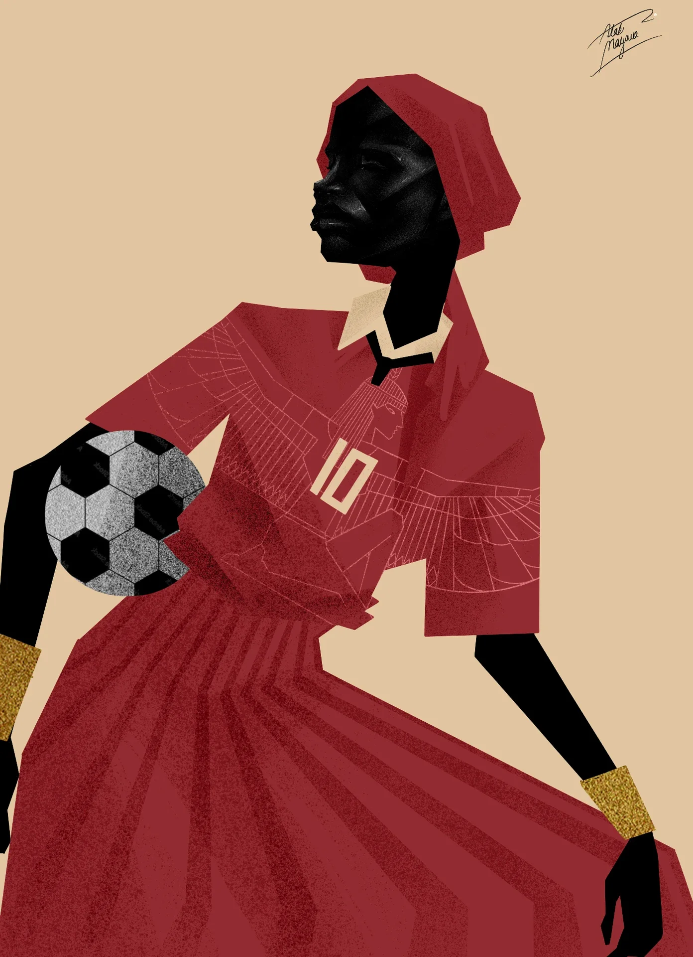 Illustration of a Black woman in a red headscarf and pleated red number 10 kit with a winged figure on the chest, a football tucked under her arm, on beige