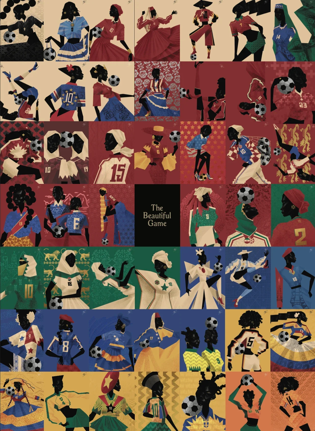 Grid of dozens of small illustrations of Black women in national football kits around a central black tile reading "The Beautiful Game"