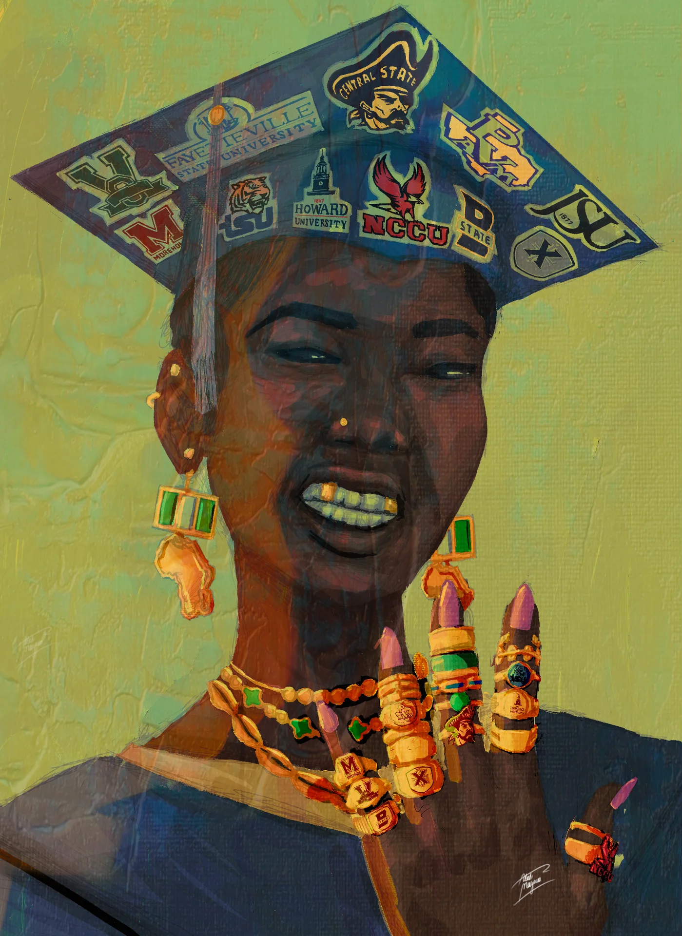 Painterly portrait of a grinning graduate with gold teeth, a cap covered in HBCU logos such as Howard and NCCU, and rings on every finger