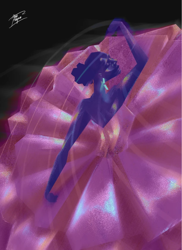 A digital illustration of a woman in a vibrant, flowing dress, illuminated in shades of purple and pink against a black background, capturing a graceful pose.