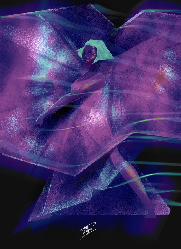 A digital artwork depicting a figure in motion, surrounded by swirling, colorful abstraction of purples and blues, suggesting fluidity and elegance.