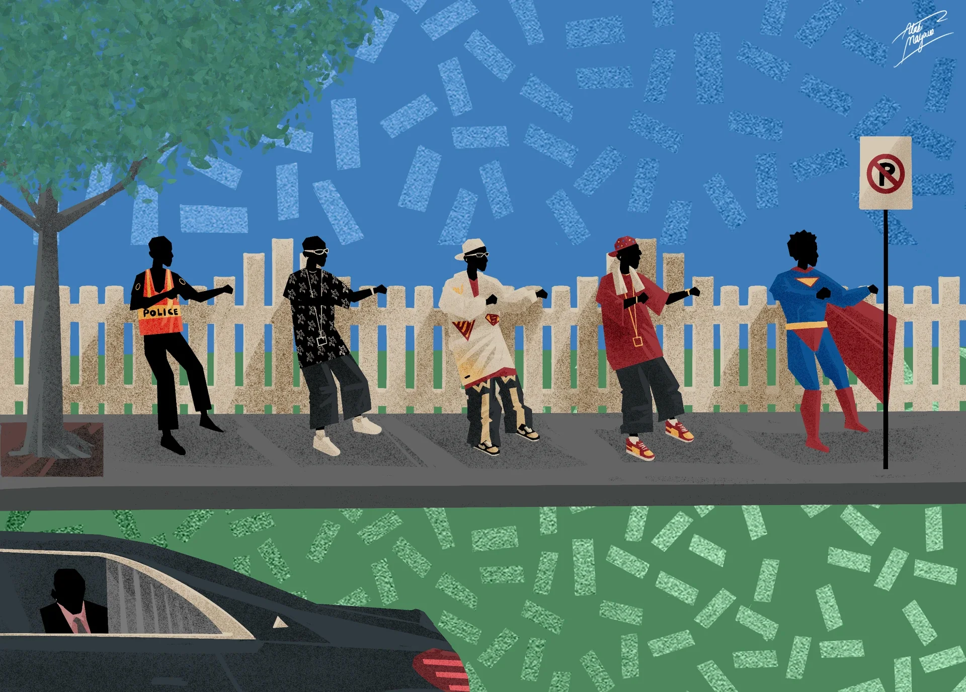 Illustration of five dancers, one in a 'Police' vest and one dressed as Superman, doing the same move along a picket fence as banknotes rain down past a parked limousine