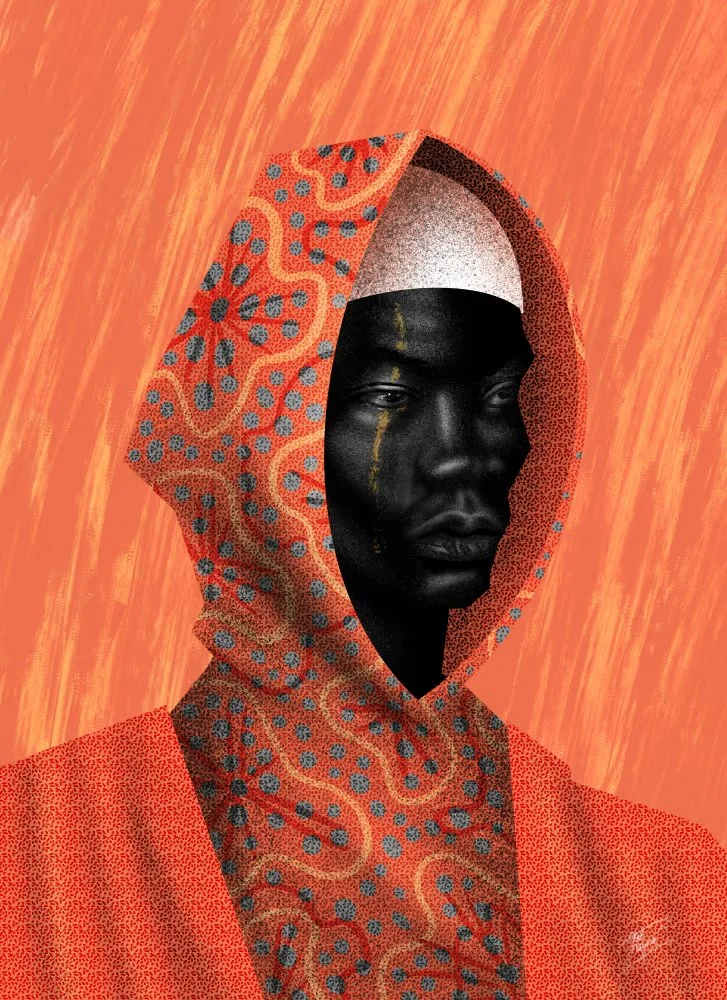 Illustration of a man in a white cap and orange patterned hood with a gold tear streak down his cheek, against an orange background