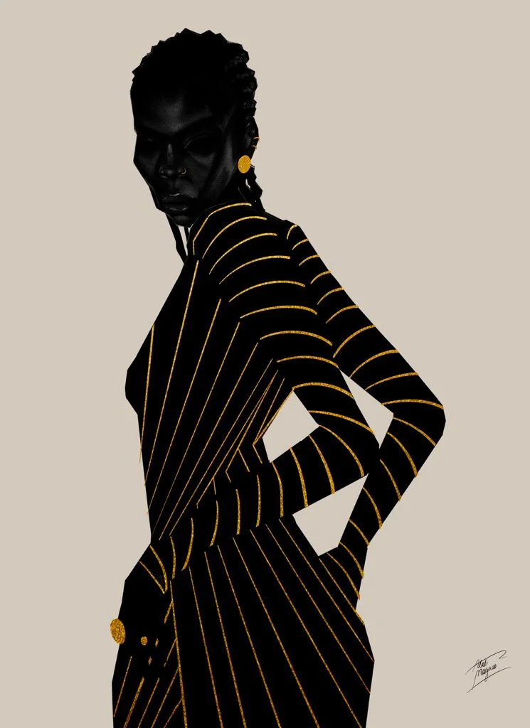 Illustration of a Black woman with braided hair looking over her shoulder, hand on hip, in a black outfit with gold pinstripes on a beige background
