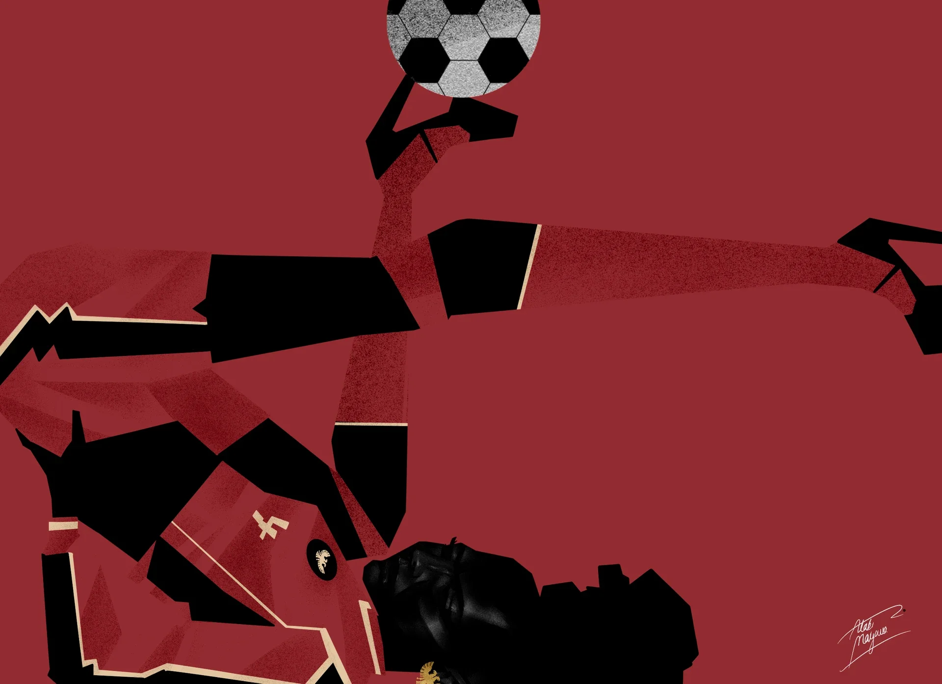 Illustration of a Black woman upside down mid bicycle kick in a dark red and black kit, striking a football at the top of the frame, on red