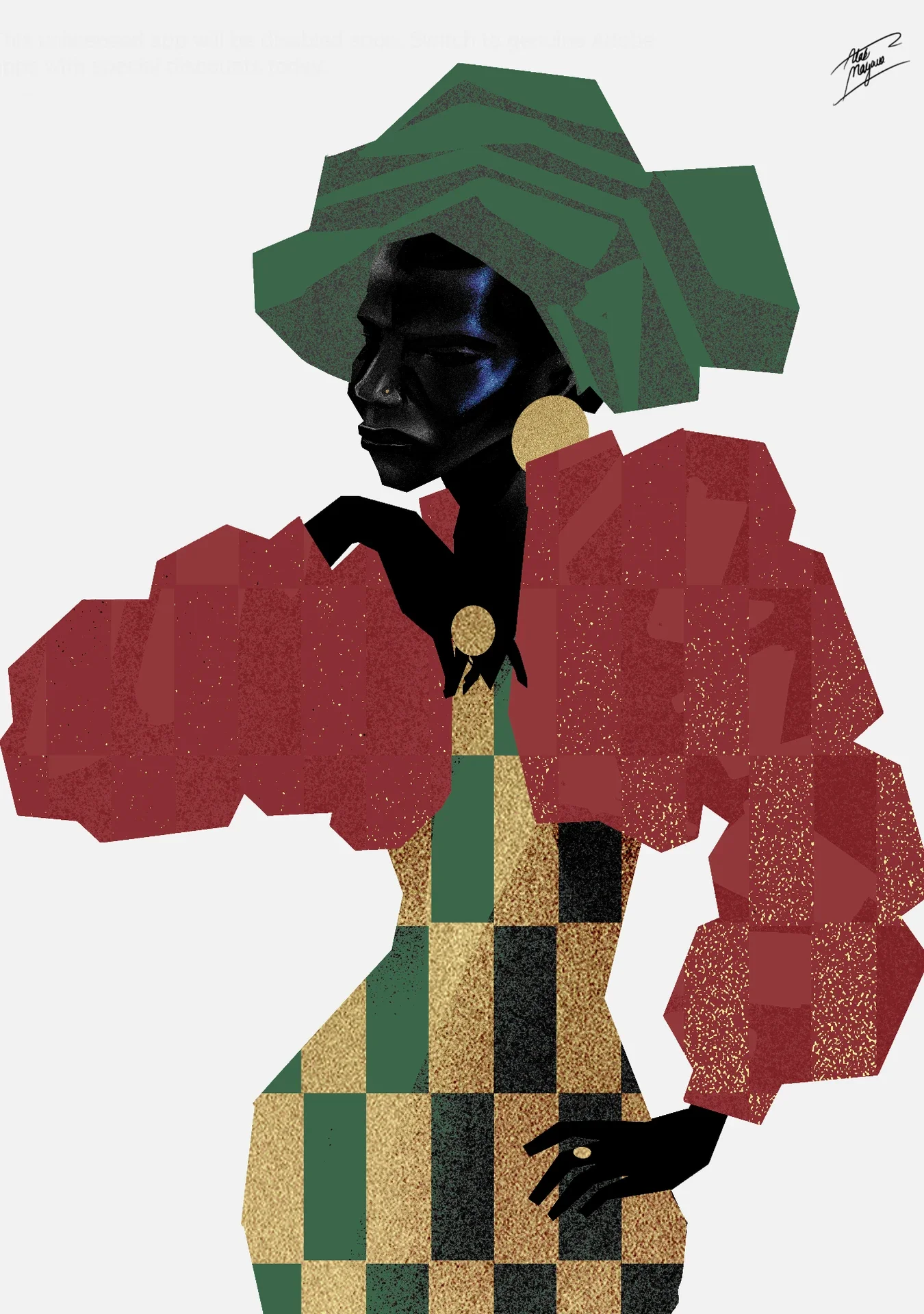 Illustration of a woman in a green gele, puffed red sleeves and a green and gold checked dress, one hand on her hip, on a white background