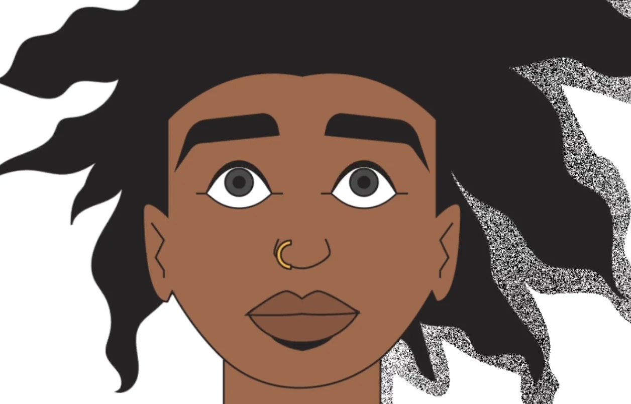 Brooklyn Tea animation still: close-up of a woman with flowing black hair and a gold nose ring, drawn in flat colour